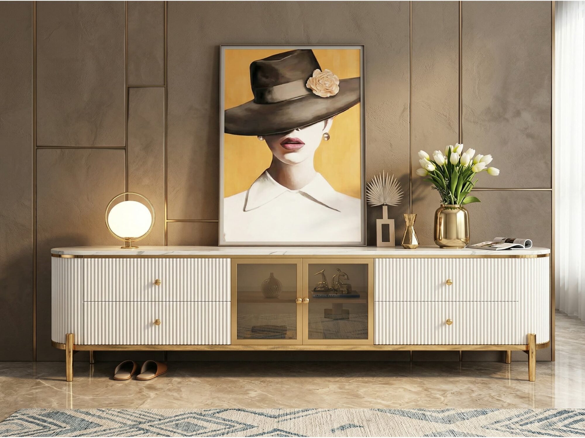 Glam Grey Stone Cabinet Shelves Drawers TV Stand - scene - 变体图 / size: 87"L x 16"W x 22"H / color: White Glam Grey Stone Cabinet Shelves Drawers TV Stand 变体图 / size: 87"L x 16"W x 22"H / color: White scene