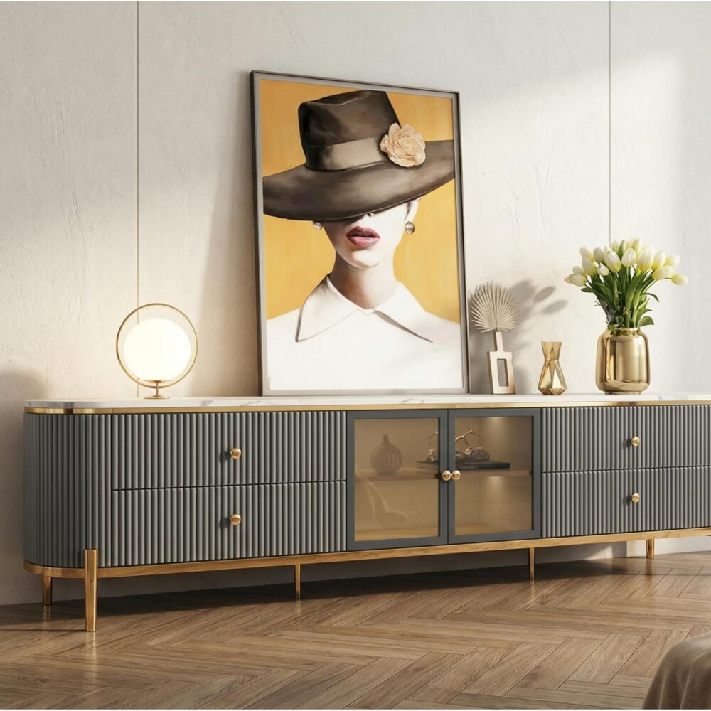 Glam Grey Stone Cabinet Shelves Drawers TV Stand - scene - 变体图 / size: 94.5"L x 16"W x 22"H / color: Grey Glam Grey Stone Cabinet Shelves Drawers TV Stand 变体图 / size: 94.5"L x 16"W x 22"H / color: Grey scene