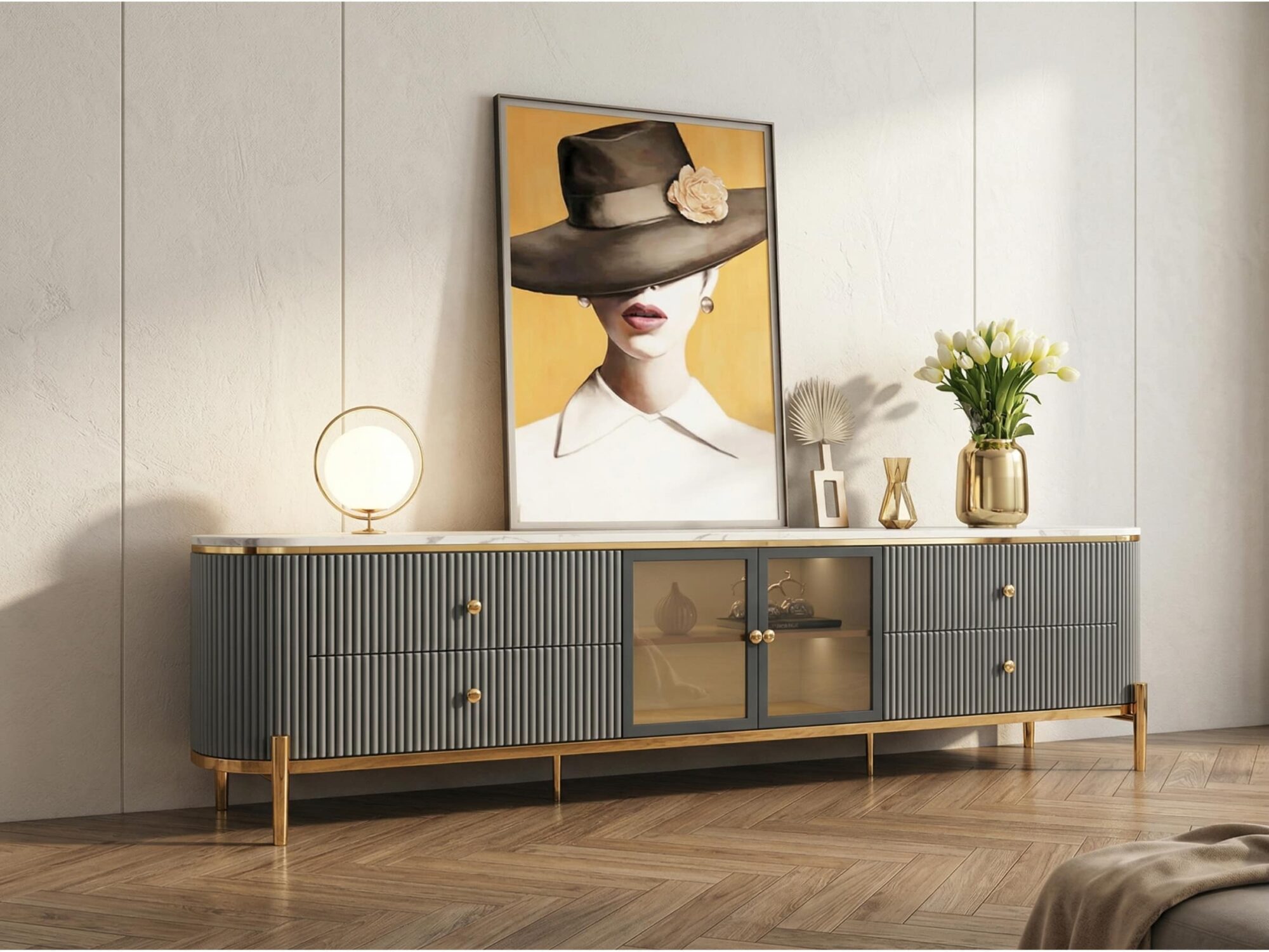 Glam Grey Stone Cabinet Shelves Drawers TV Stand - scene - 变体图 / size: 94.5"L x 16"W x 22"H / color: Grey Glam Grey Stone Cabinet Shelves Drawers TV Stand 变体图 / size: 94.5"L x 16"W x 22"H / color: Grey scene