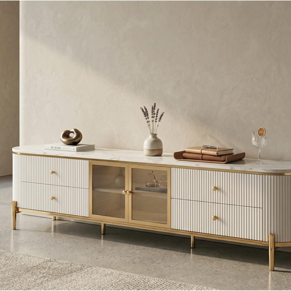 Glam Grey Stone Cabinet Shelves Drawers TV Stand - scene - 变体图 / size: 94.5"L x 16"W x 22"H / color: White Glam Grey Stone Cabinet Shelves Drawers TV Stand 变体图 / size: 94.5"L x 16"W x 22"H / color: White scene