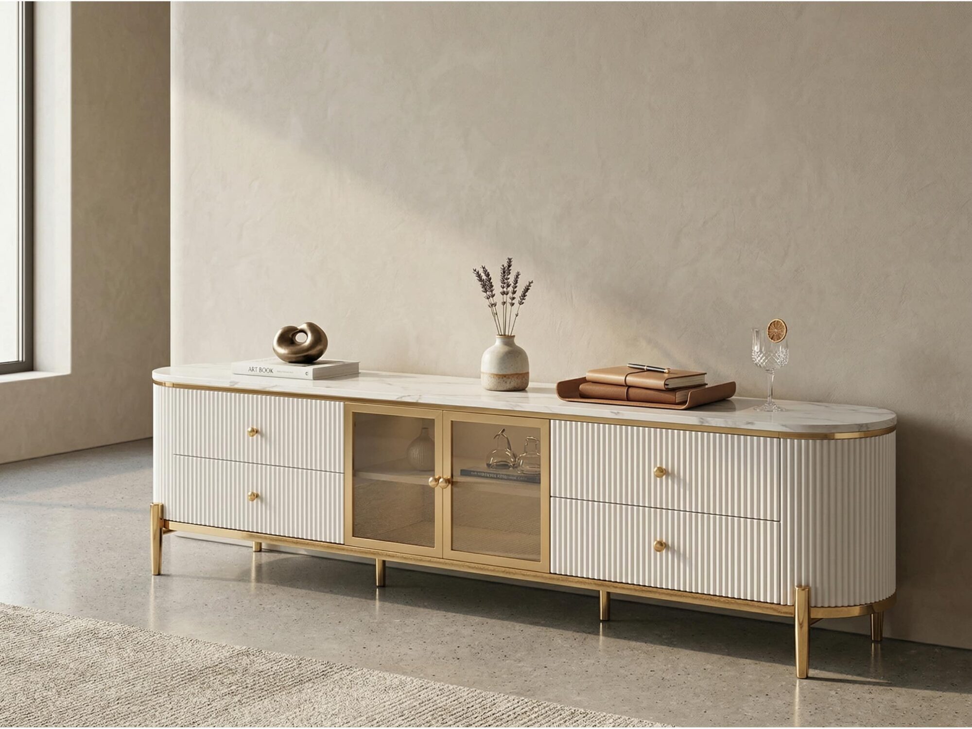 Glam Grey Stone Cabinet Shelves Drawers TV Stand - scene - 变体图 / size: 94.5"L x 16"W x 22"H / color: White Glam Grey Stone Cabinet Shelves Drawers TV Stand 变体图 / size: 94.5"L x 16"W x 22"H / color: White scene