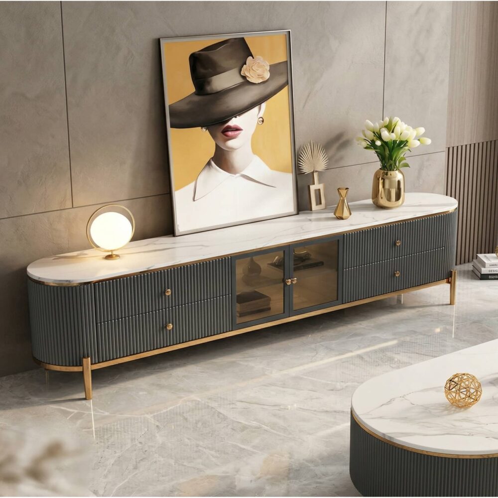 Glam Grey Stone Cabinet Shelves Drawers TV Stand - scene - 商品主图 Glam Grey Stone Cabinet Shelves Drawers TV Stand 商品主图 scene