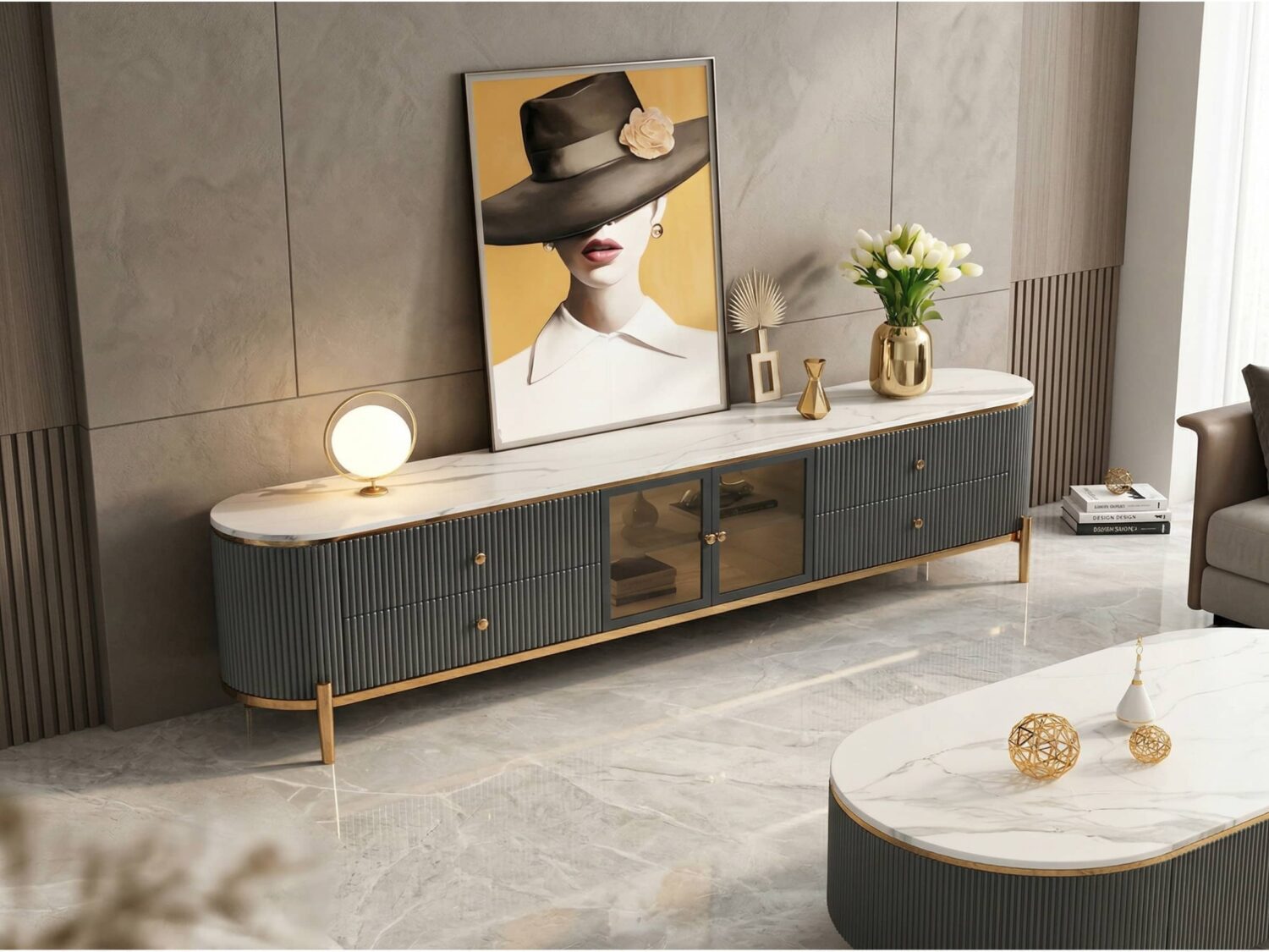 Glam Grey Stone Cabinet Shelves Drawers TV Stand 商品主图 scene