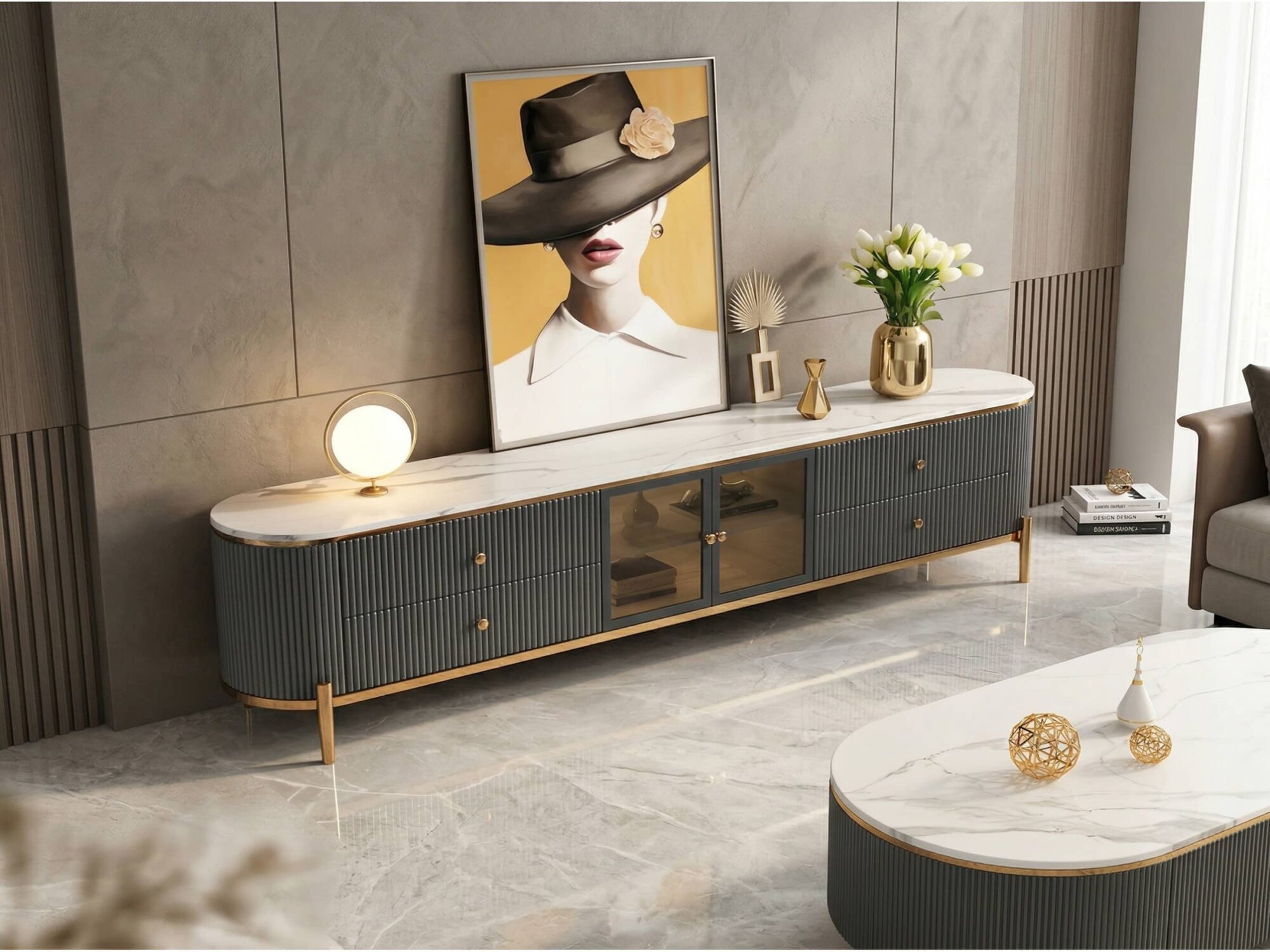 Glam Grey Stone Cabinet Shelves Drawers TV Stand - scene - 商品主图 Glam Grey Stone Cabinet Shelves Drawers TV Stand 商品主图 scene