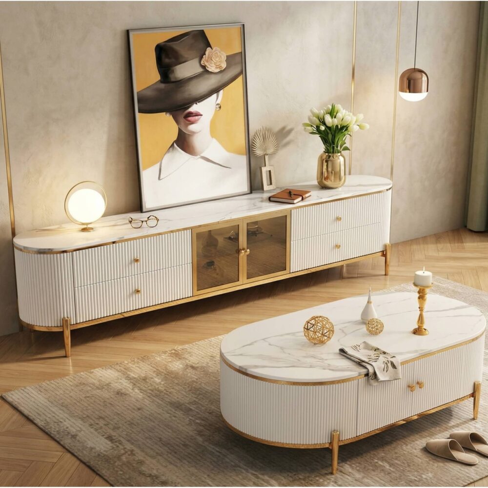 Glam Grey Stone Cabinet Shelves Drawers TV Stand - scene - 相册图 #2 Glam Grey Stone Cabinet Shelves Drawers TV Stand 相册图 #2 scene