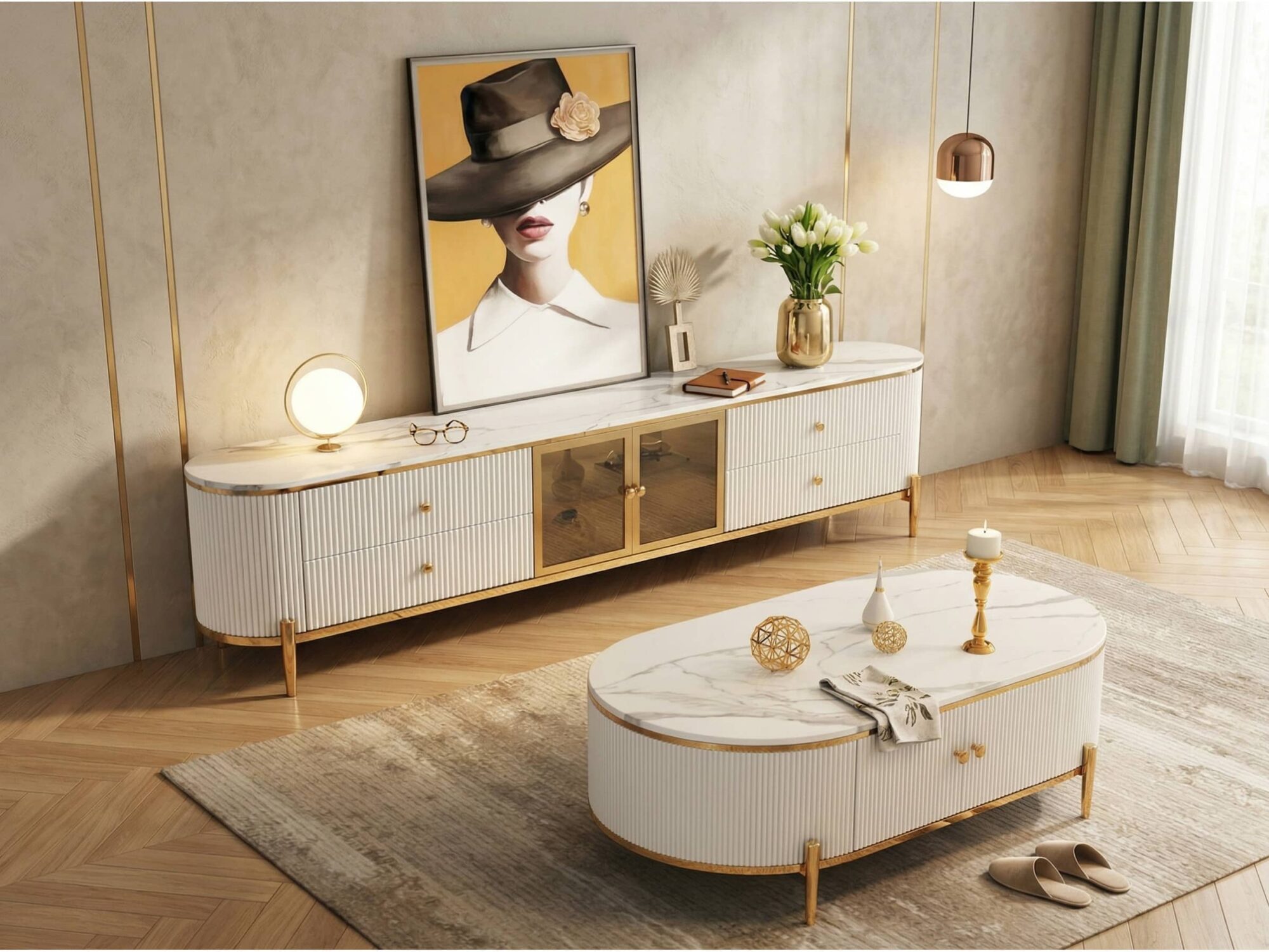 Glam Grey Stone Cabinet Shelves Drawers TV Stand - scene - 相册图 #2 Glam Grey Stone Cabinet Shelves Drawers TV Stand 相册图 #2 scene