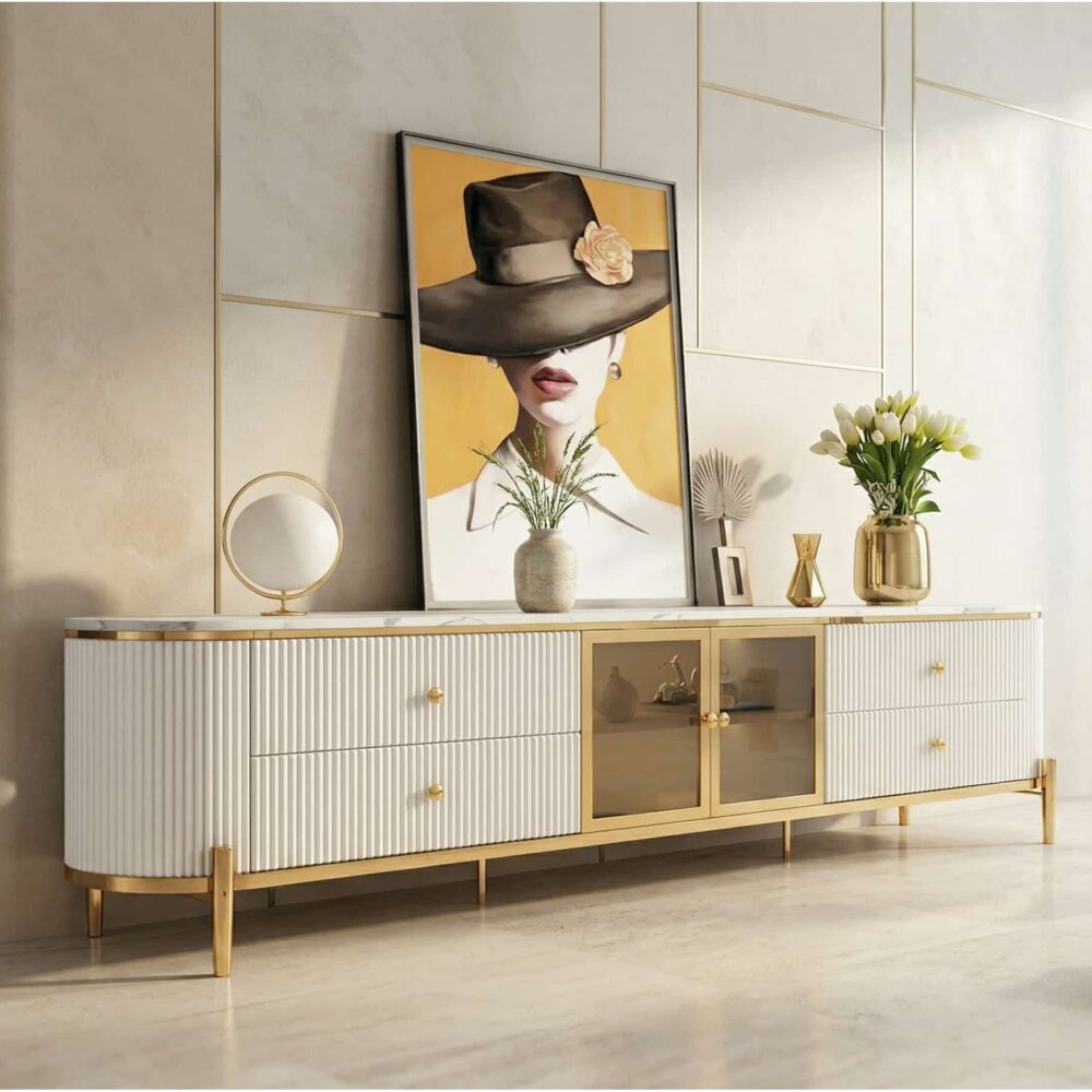 Glam Grey Stone Cabinet Shelves Drawers TV Stand - scene - 相册图 #3 Glam Grey Stone Cabinet Shelves Drawers TV Stand 相册图 #3 scene