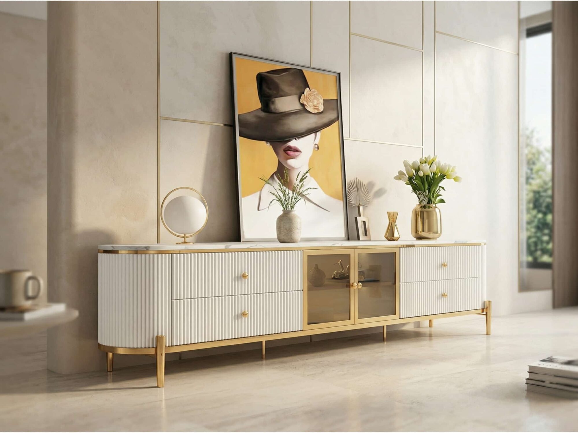 Glam Grey Stone Cabinet Shelves Drawers TV Stand - scene - 相册图 #3 Glam Grey Stone Cabinet Shelves Drawers TV Stand 相册图 #3 scene