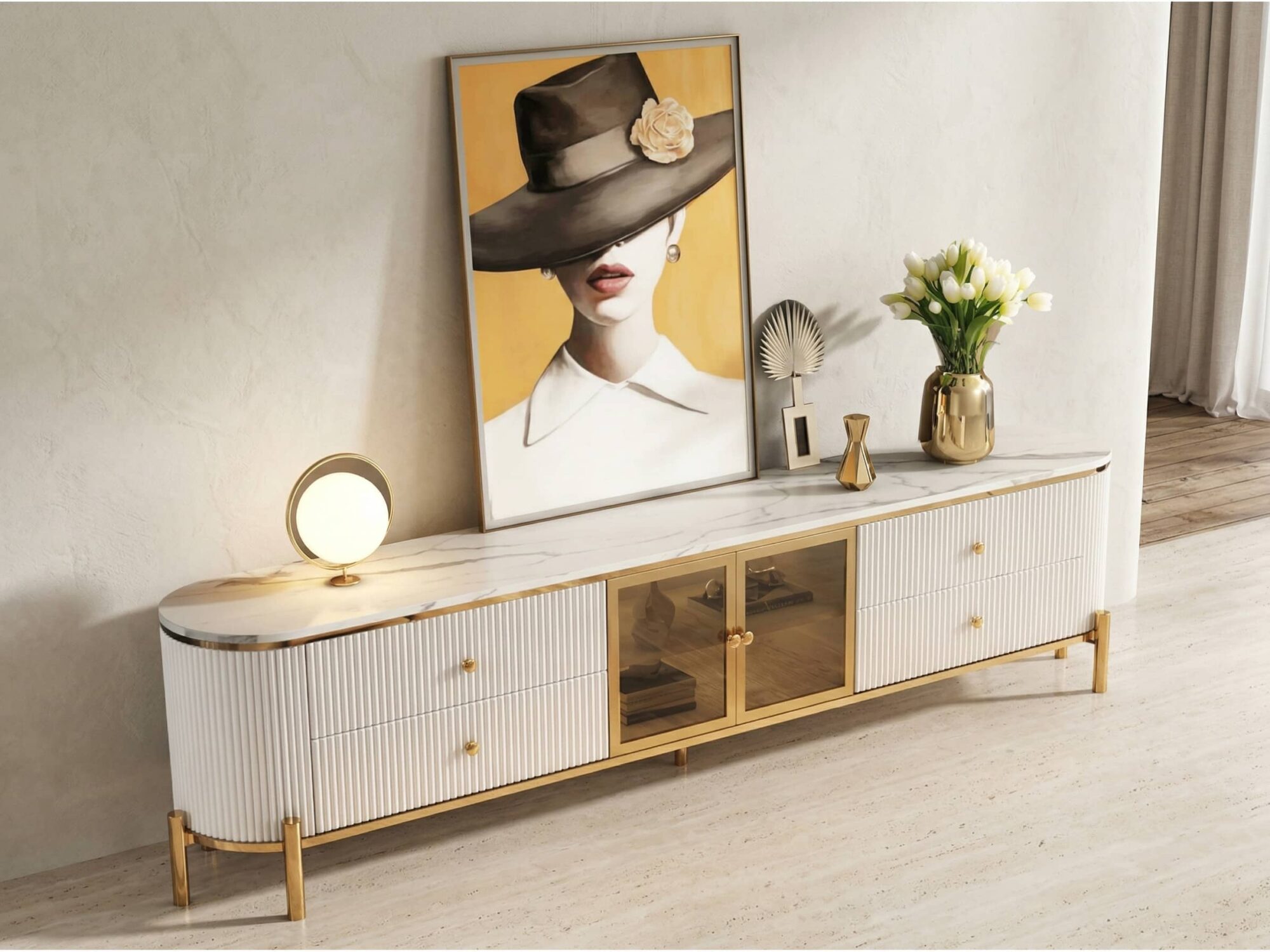 Glam Grey Stone Cabinet Shelves Drawers TV Stand - scene - 相册图 #4 Glam Grey Stone Cabinet Shelves Drawers TV Stand 相册图 #4 scene