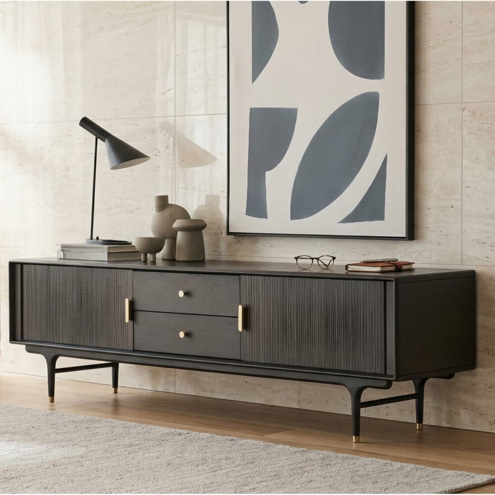 Industrial Oak Wood Enclosed Storage Long TV Stand - scene - 商品主图 Industrial Oak Wood Enclosed Storage Long TV Stand 商品主图 scene