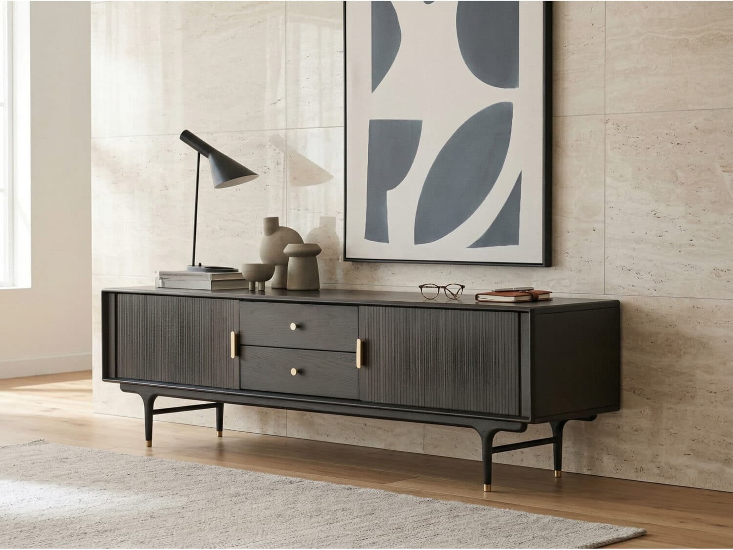 Industrial Oak Wood Enclosed Storage Long TV Stand - scene - 商品主图 Industrial Oak Wood Enclosed Storage Long TV Stand 商品主图 scene