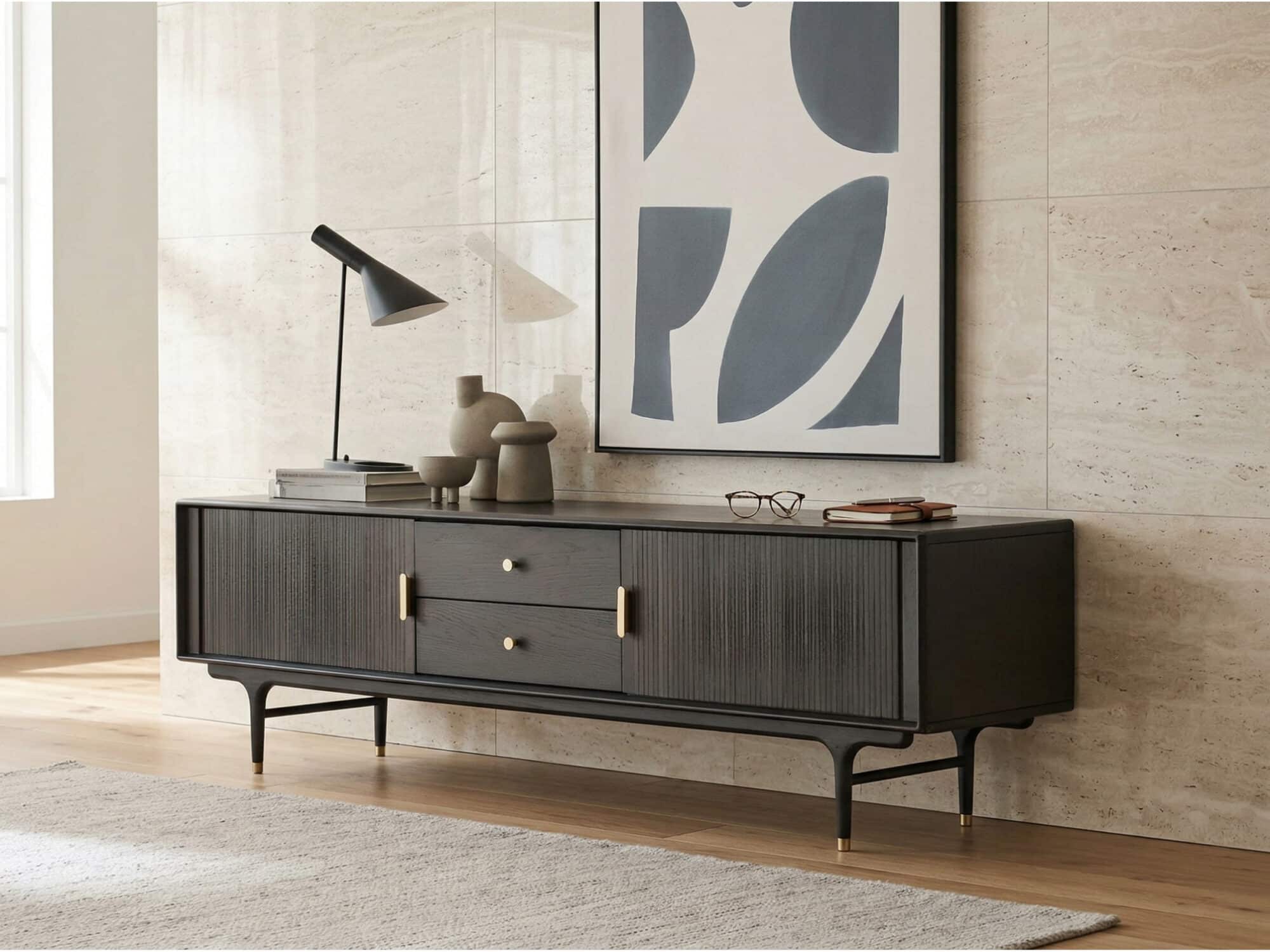 Industrial Oak Wood Enclosed Storage Long TV Stand - scene - 商品主图 Industrial Oak Wood Enclosed Storage Long TV Stand 商品主图 scene