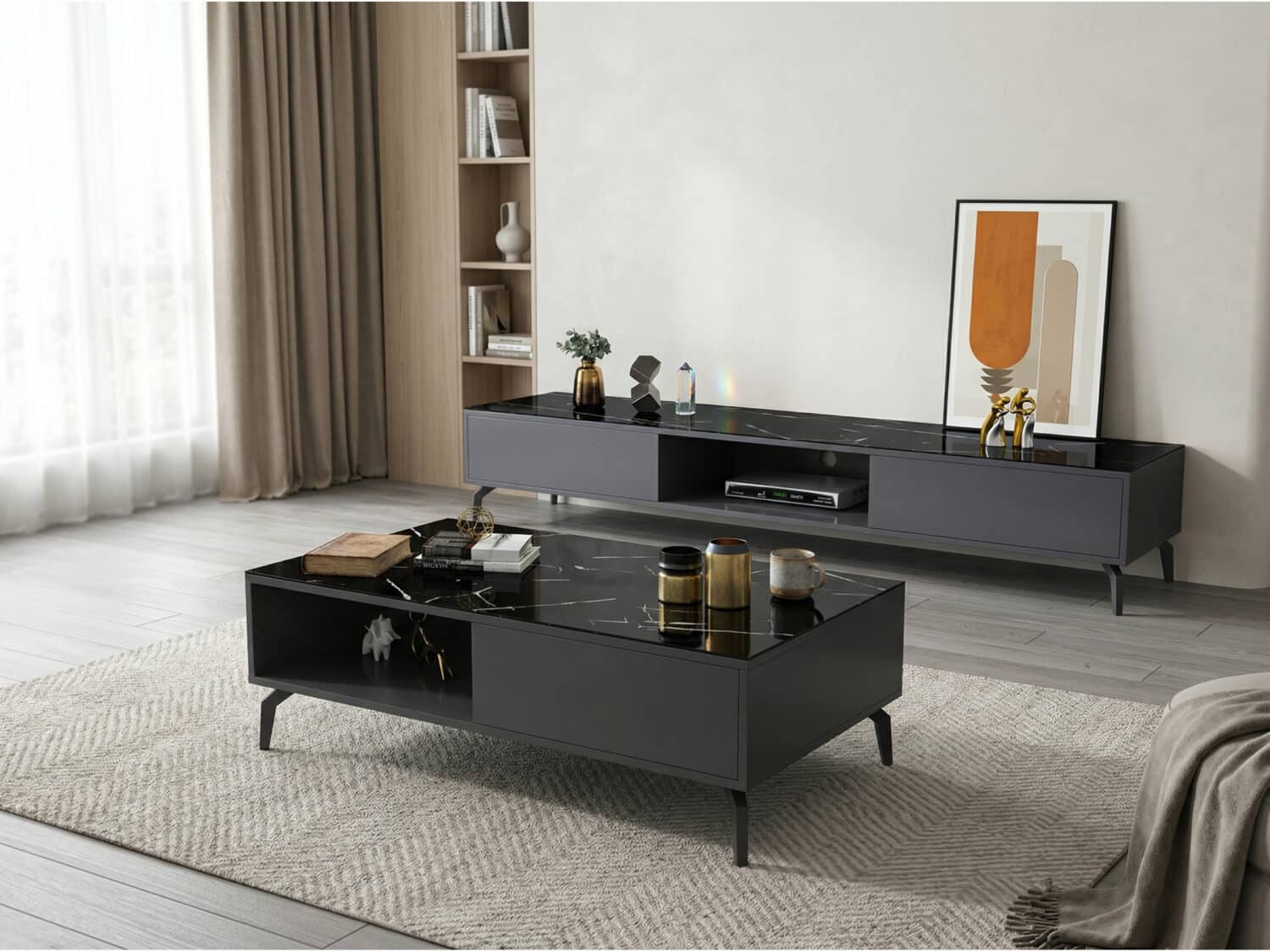Living Room Black Glass Open Storage Cabinet TV Stand 商品主图 scene