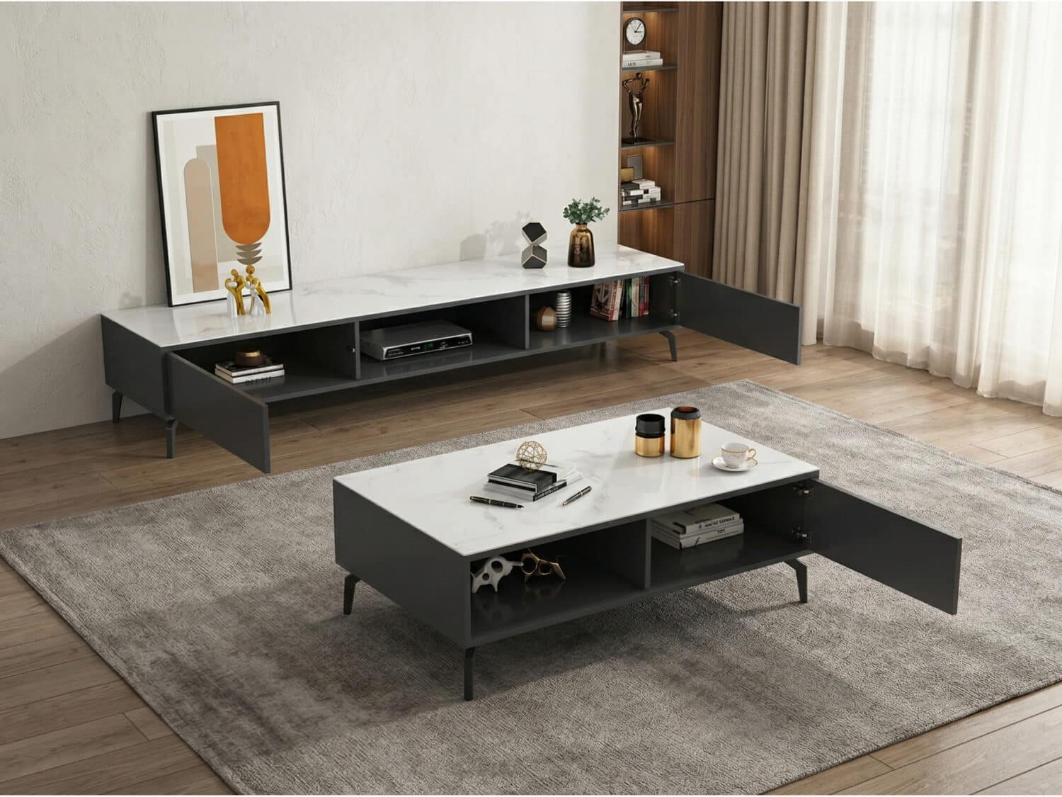 Living Room Black Glass Open Storage Cabinet TV Stand 相册图 #1 scene
