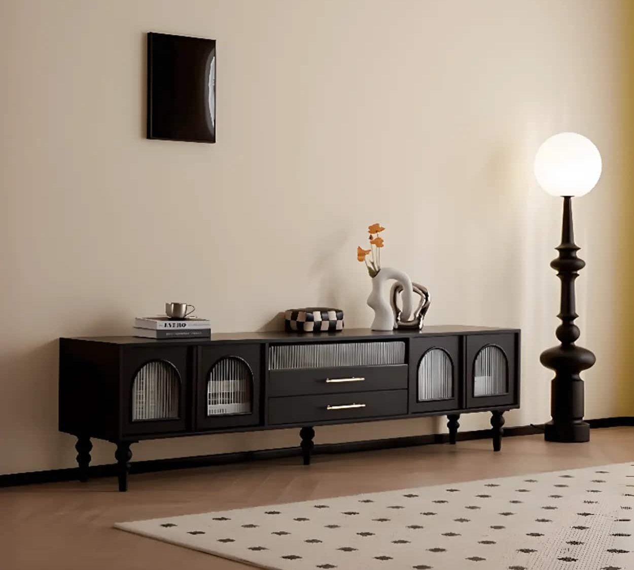 Mid Century Modern Black Tv Stand With Cabinet Glass Doors 1