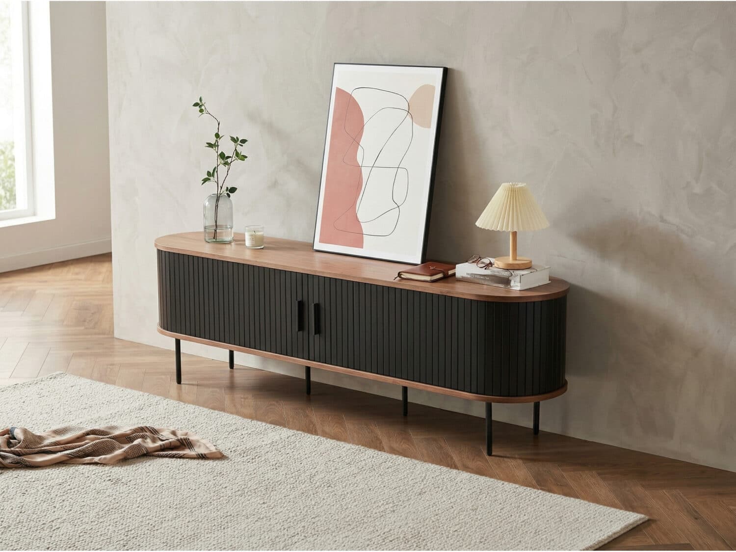 Mid-Century Modern Black Wood TV Stand with Cabinet 商品主图 scene