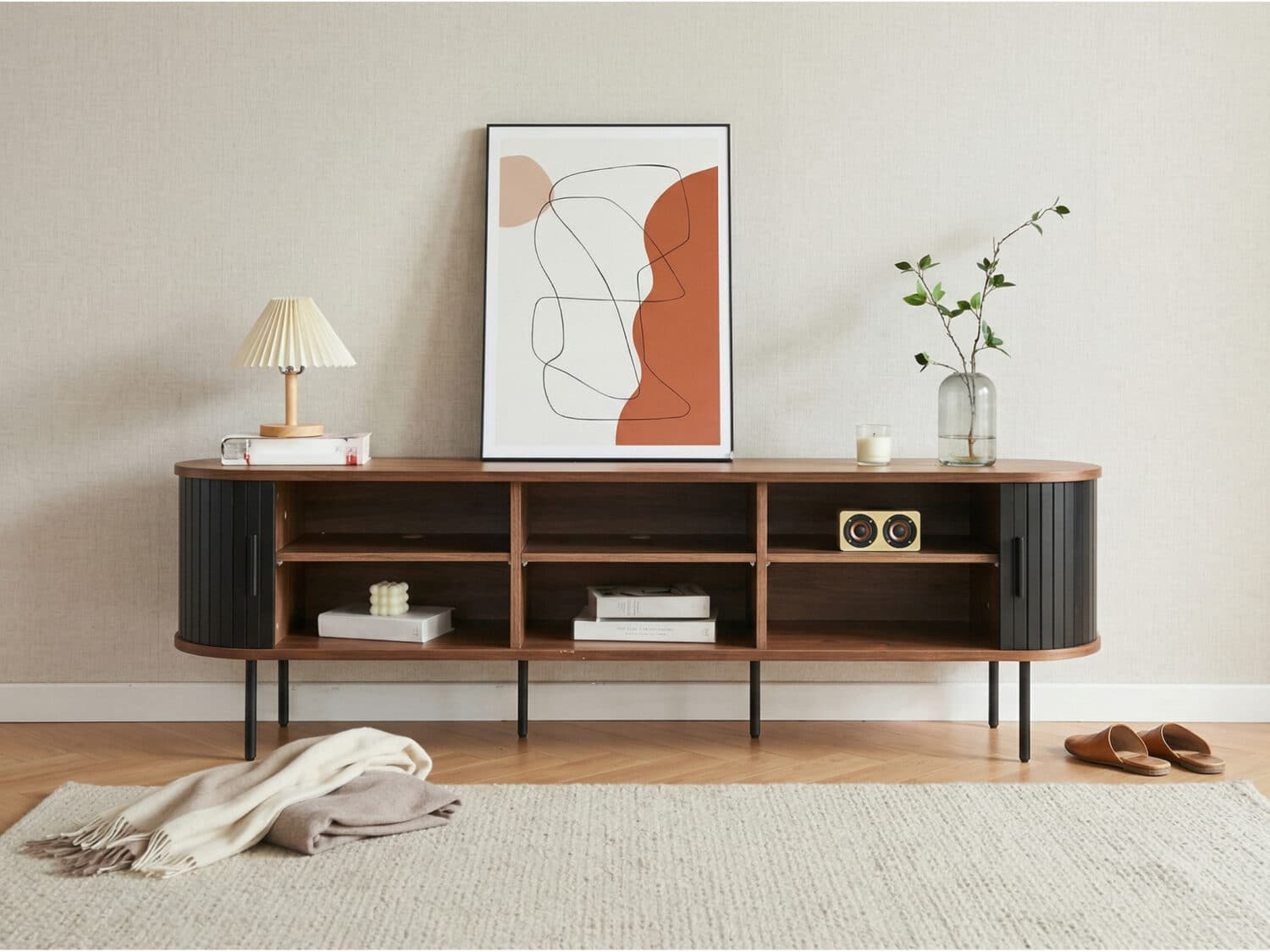 Mid-Century Modern Black Wood TV Stand with Cabinet 相册图 #2 scene