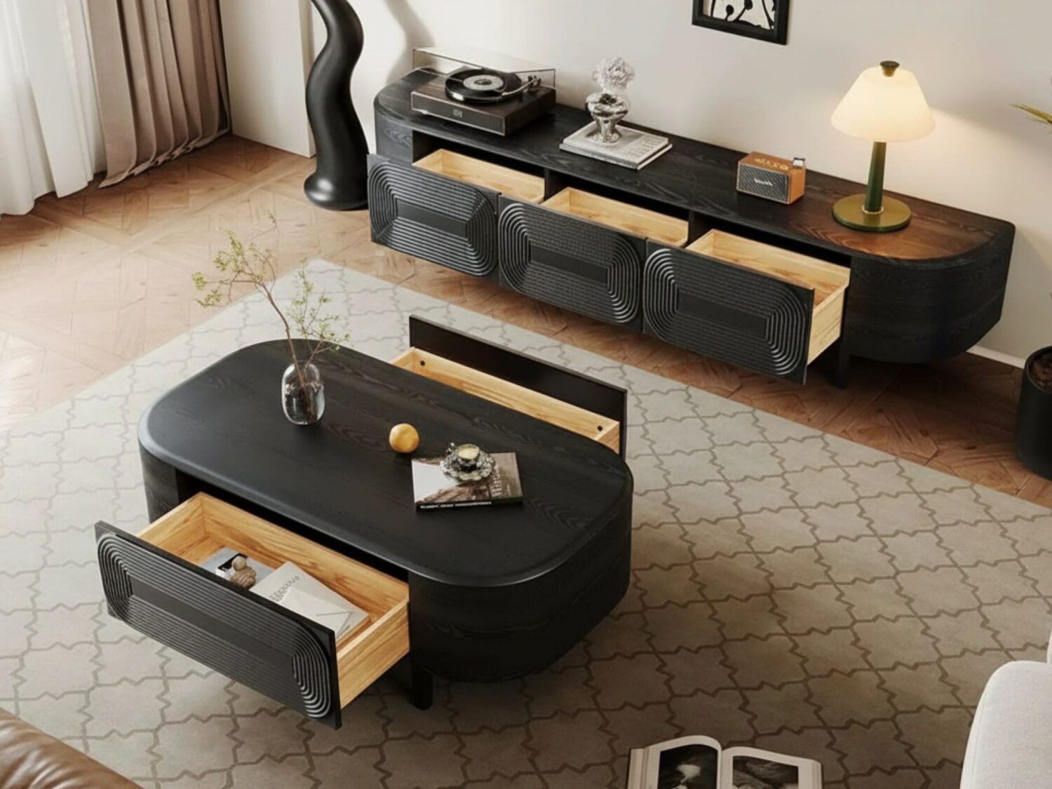 Mid Century Modern Black Wood Tv Stand With Drawers 2