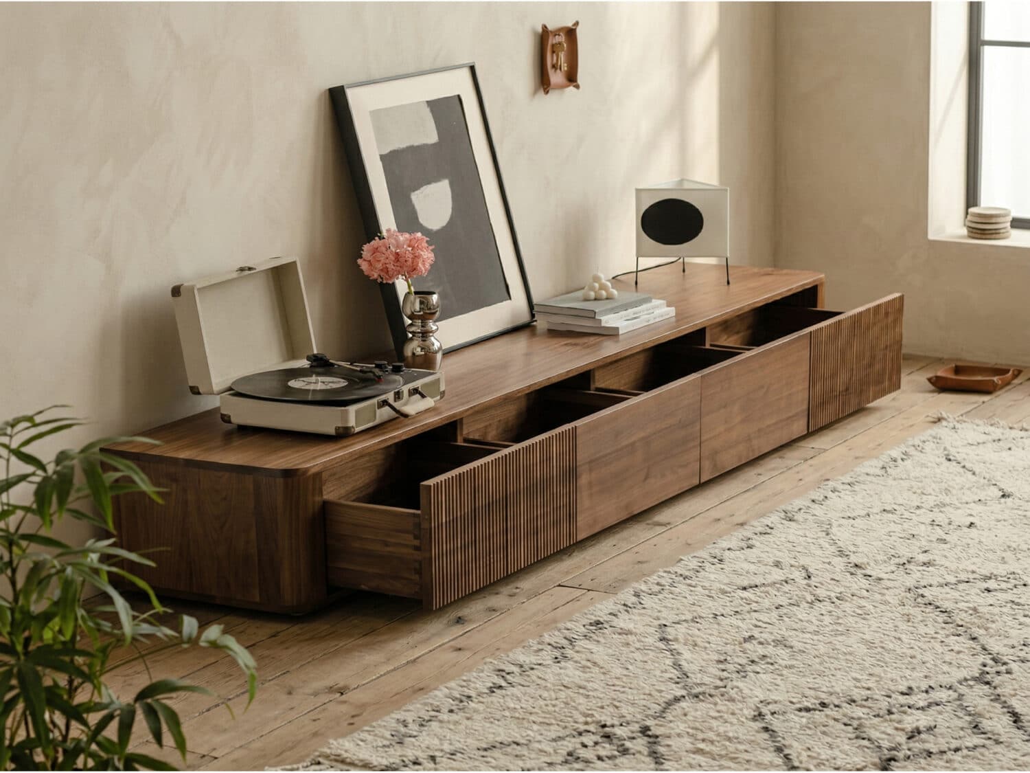 Mid-Century Modern Brown Wood Drawers Long TV Stand 相册图 #1 scene