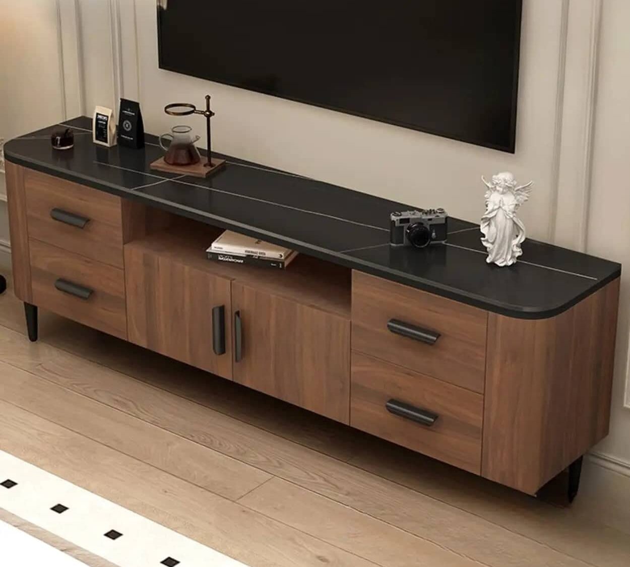 Mid Century Modern Walnut Tv Stand With Black Top 1