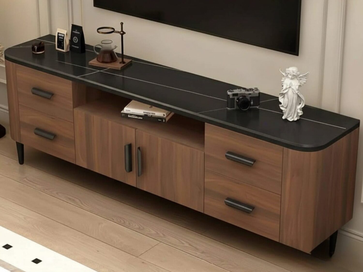 Mid Century Modern Walnut Tv Stand With Black Top 1