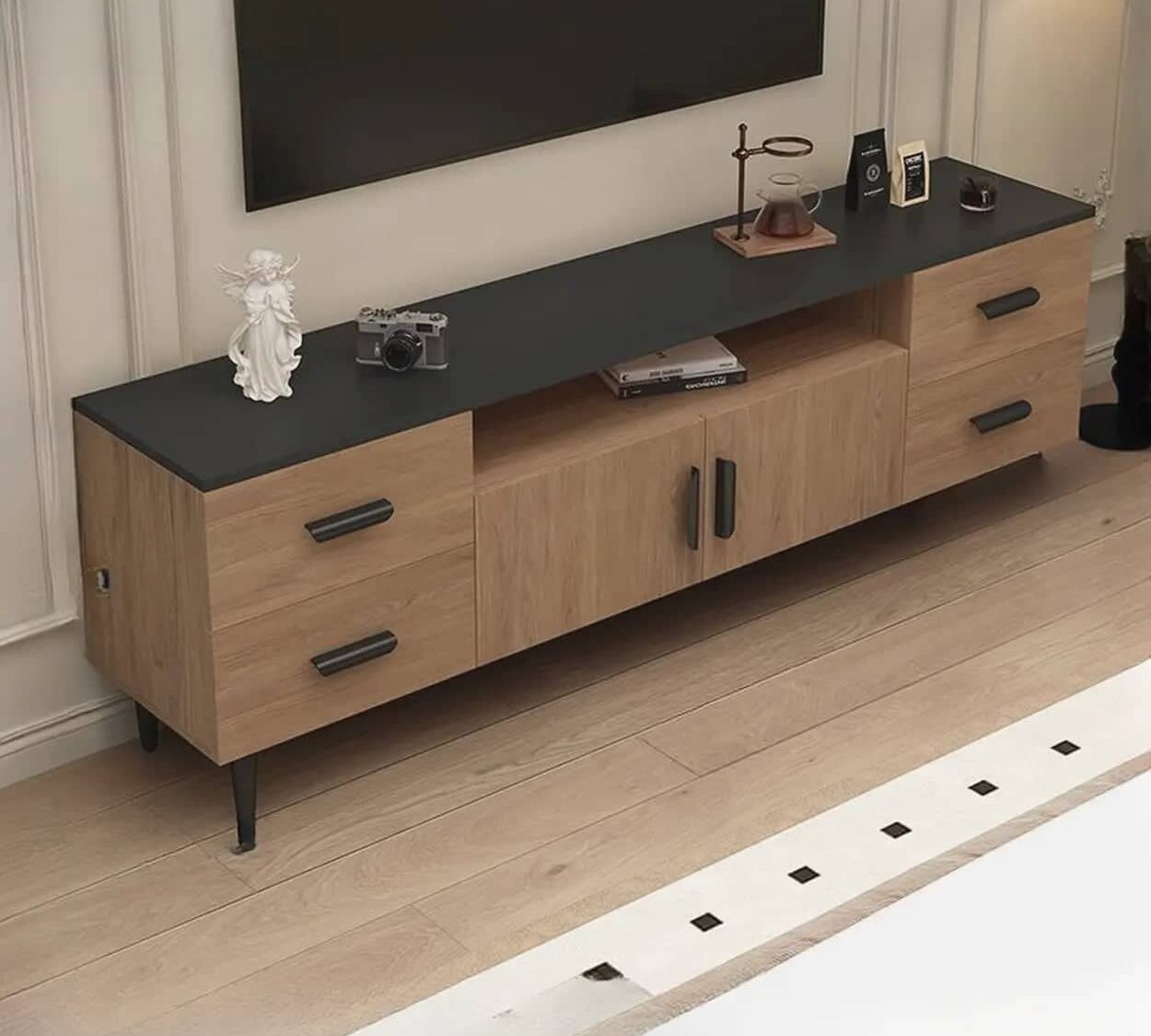 Mid Century Modern Walnut Tv Stand With Black Top 2