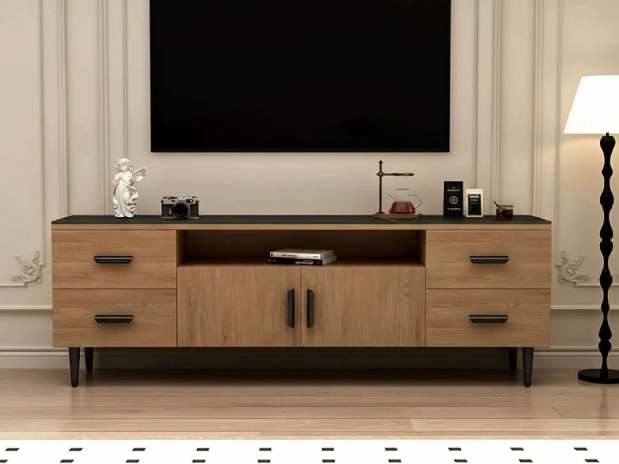 mid-century-modern-walnut-tv-stand-with-black-top-6 Mid Century Modern Walnut Tv Stand With Black Top 6