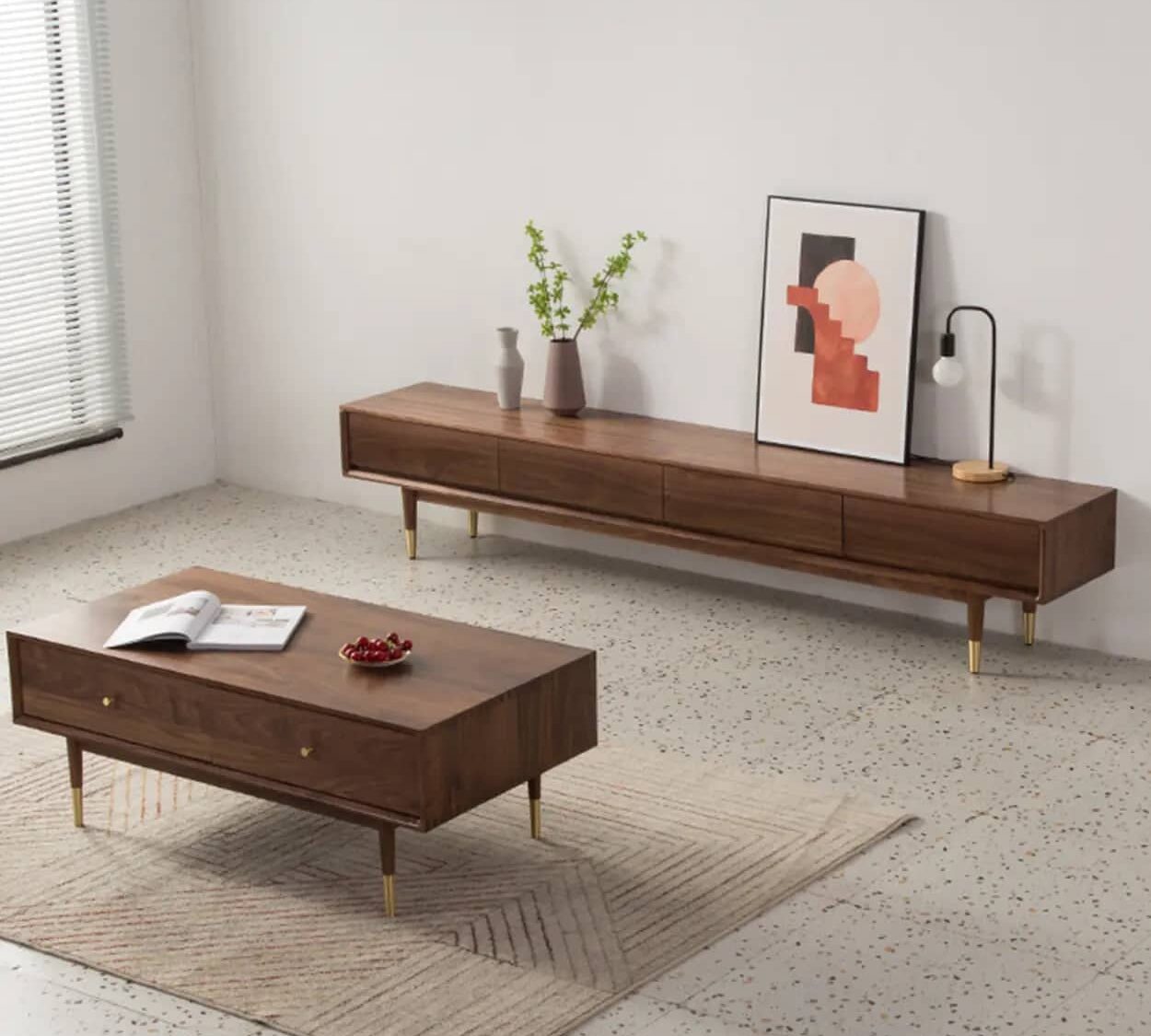 Mid Century Modern Walnut Wood Tv Stand With Legs Drawers 1