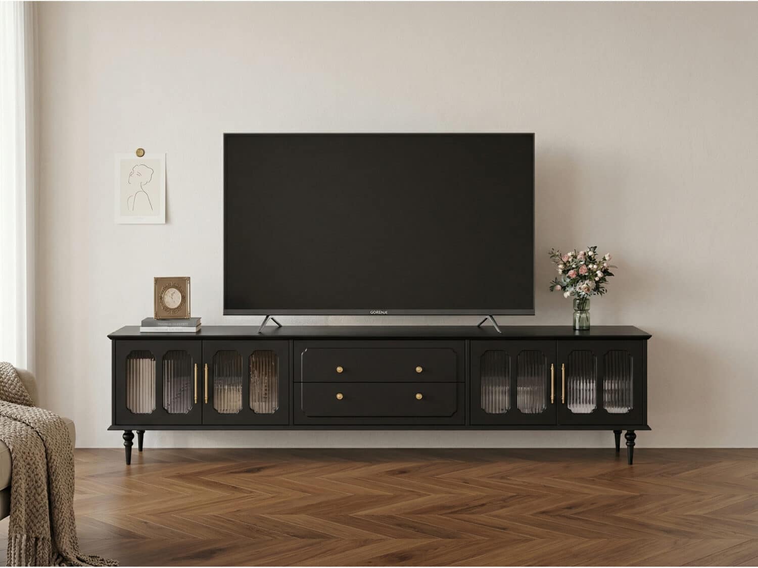 Mid-Century Modern Wood Black Drawers Long TV Stand - scene - 商品主图 Mid-Century Modern Wood Black Drawers Long TV Stand 商品主图 scene