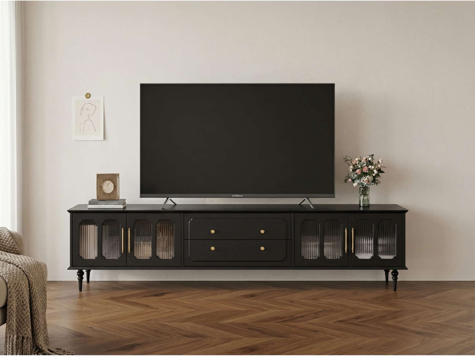 Mid-Century Modern Wood Black Drawers Long TV Stand - scene - 商品主图 Mid-Century Modern Wood Black Drawers Long TV Stand 商品主图 scene