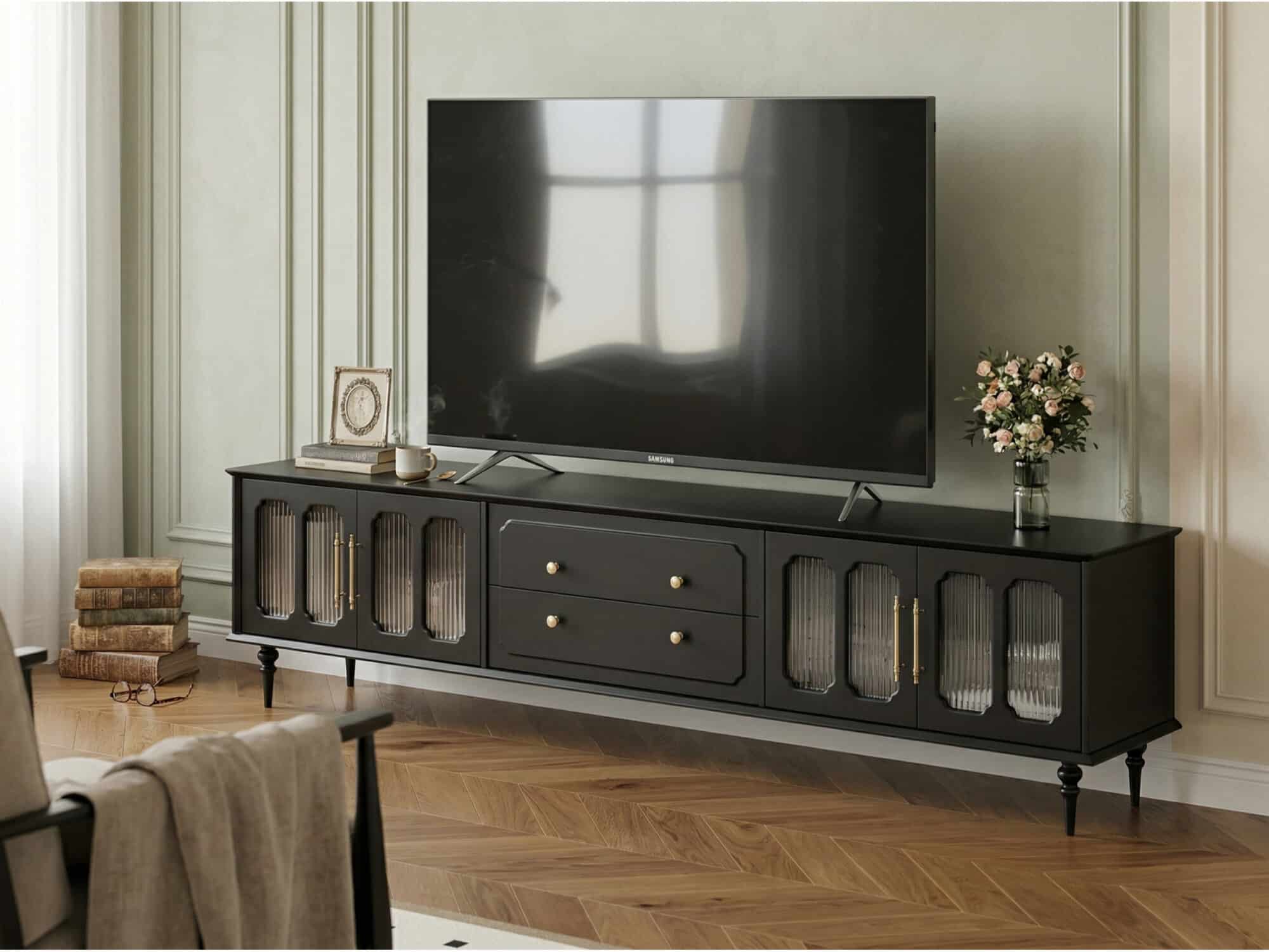 Mid-Century Modern Wood Black Drawers Long TV Stand - scene - 相册图 #3 Mid-Century Modern Wood Black Drawers Long TV Stand 相册图 #3 scene