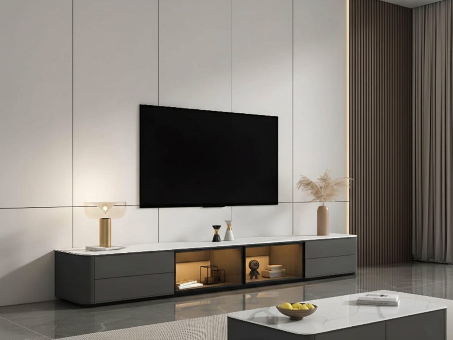Modern Led Tv Stand With Drawers And Glass Cabinet Doors 1