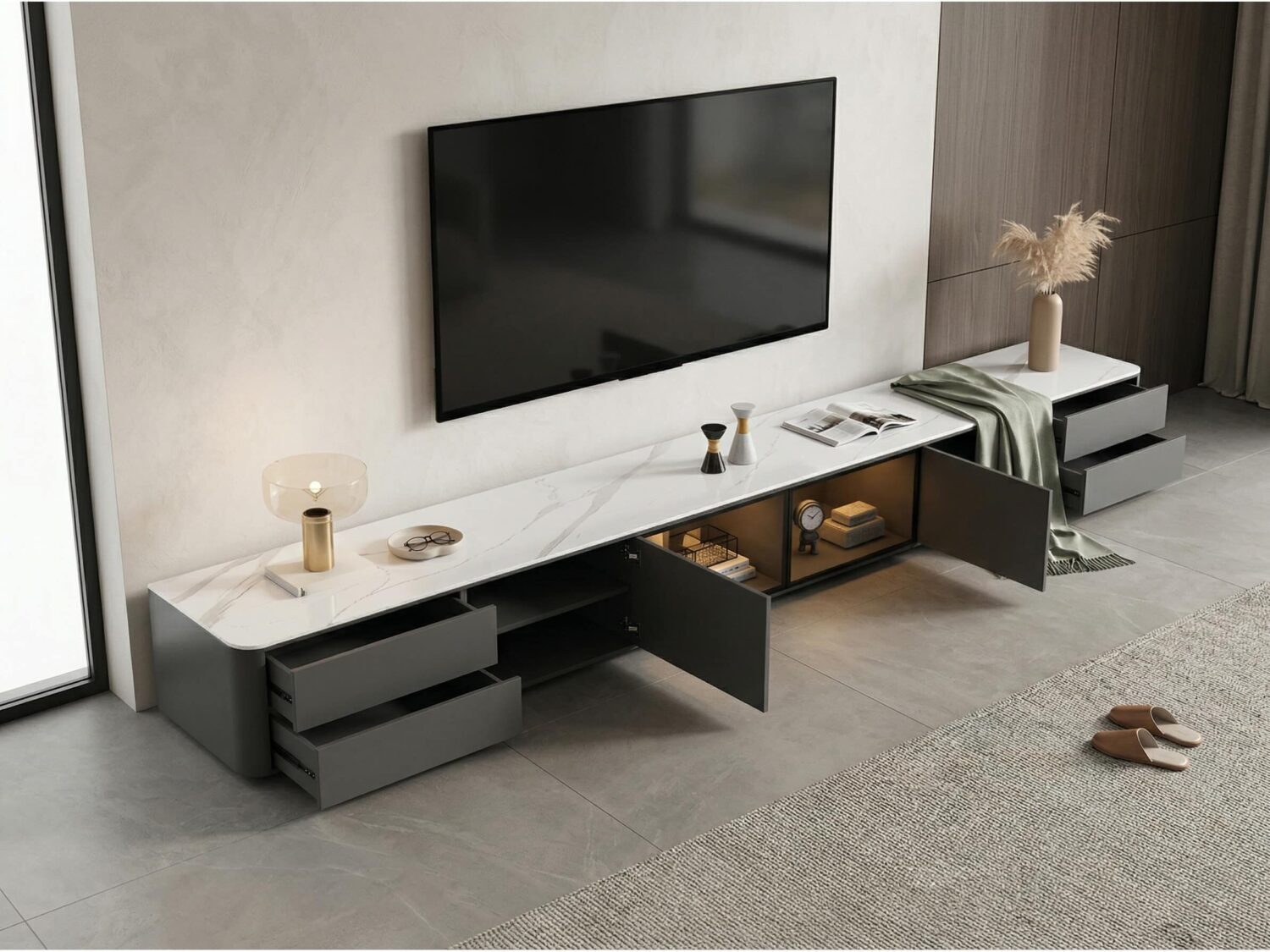 Modern Led Tv Stand With Drawers And Glass Cabinet Doors 4