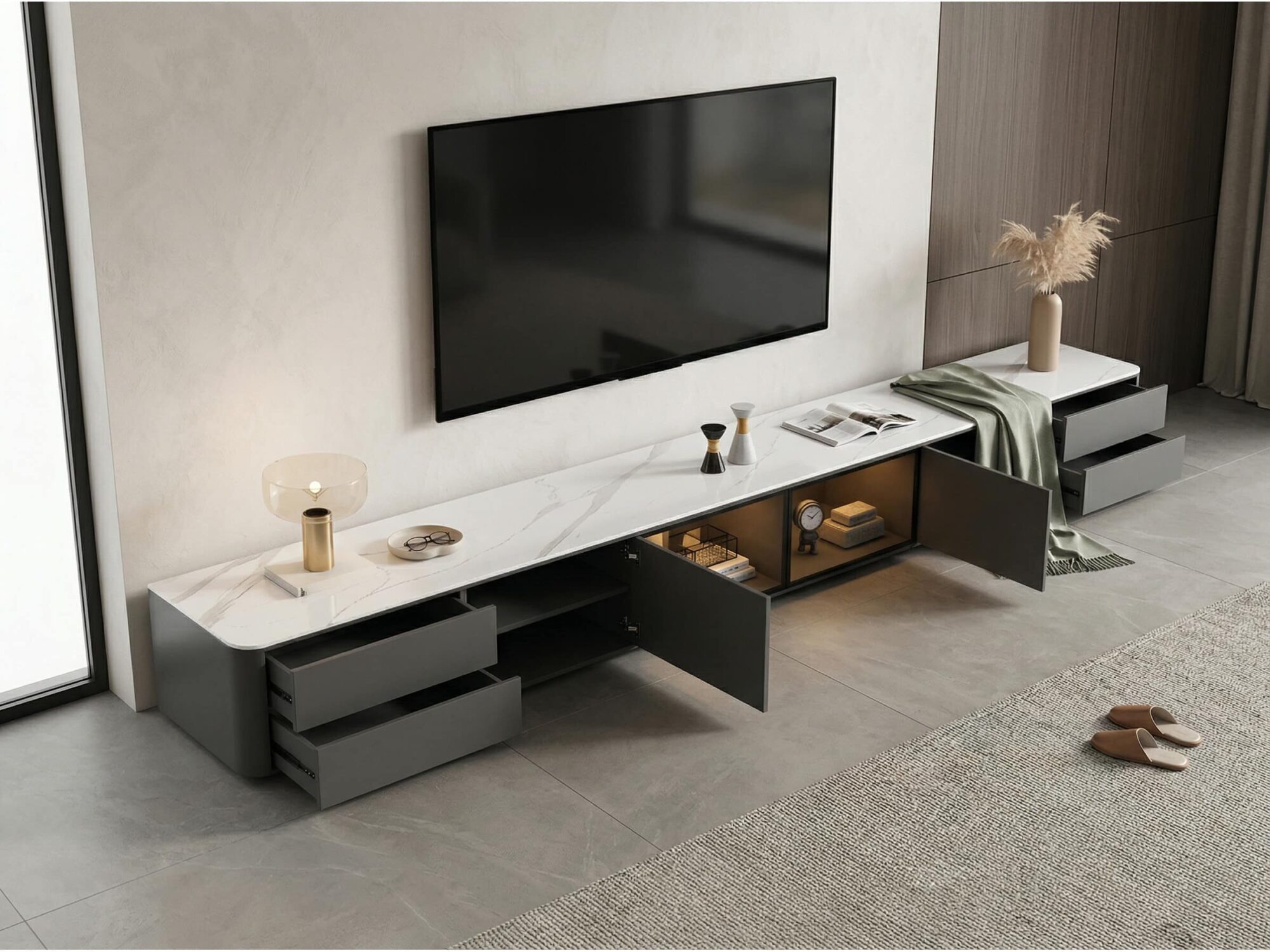 modern-led-tv-stand-with-drawers-and-glass-cabinet-doors-4 Modern Led Tv Stand With Drawers And Glass Cabinet Doors 4