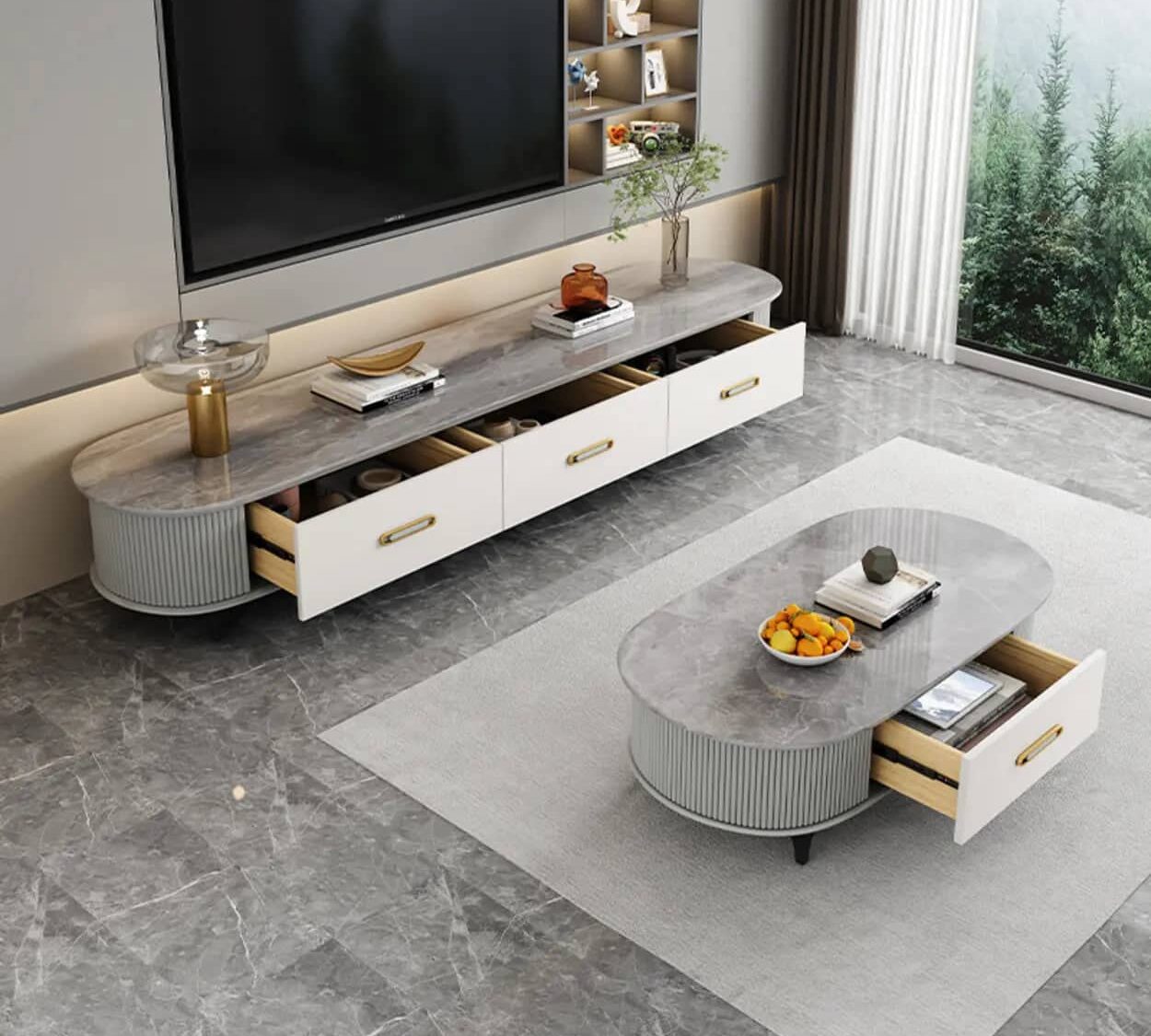 Modern Marble Top Oval Tv Stand With Storage Drawers 1