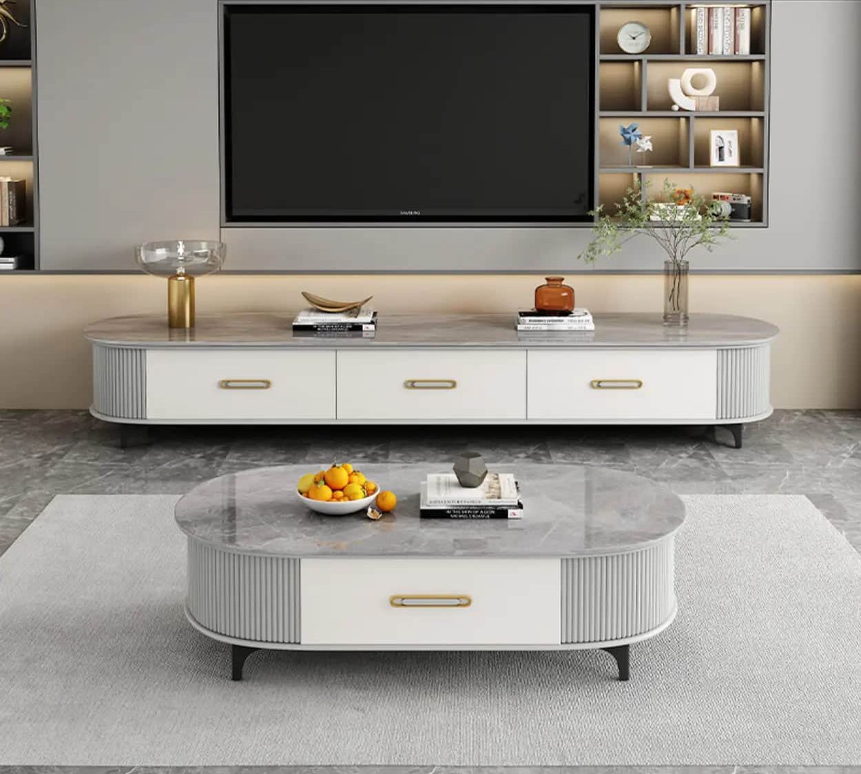 Modern Marble Top Oval Tv Stand With Storage Drawers 2
