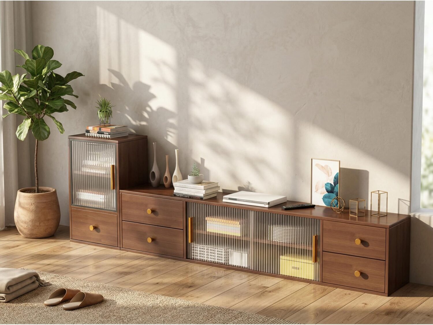 Modern Walnut Wood Tv Stand With Storage Cabinet 8