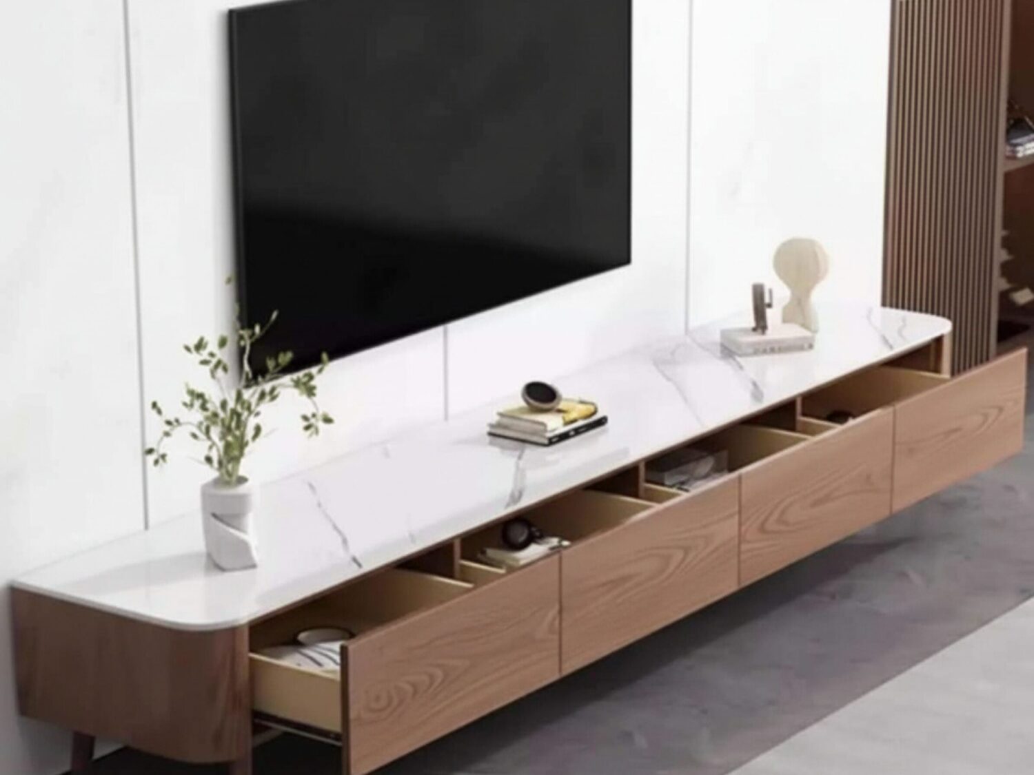 Modern Wood Tv Stand With Marble Top And Storage Drawers 1