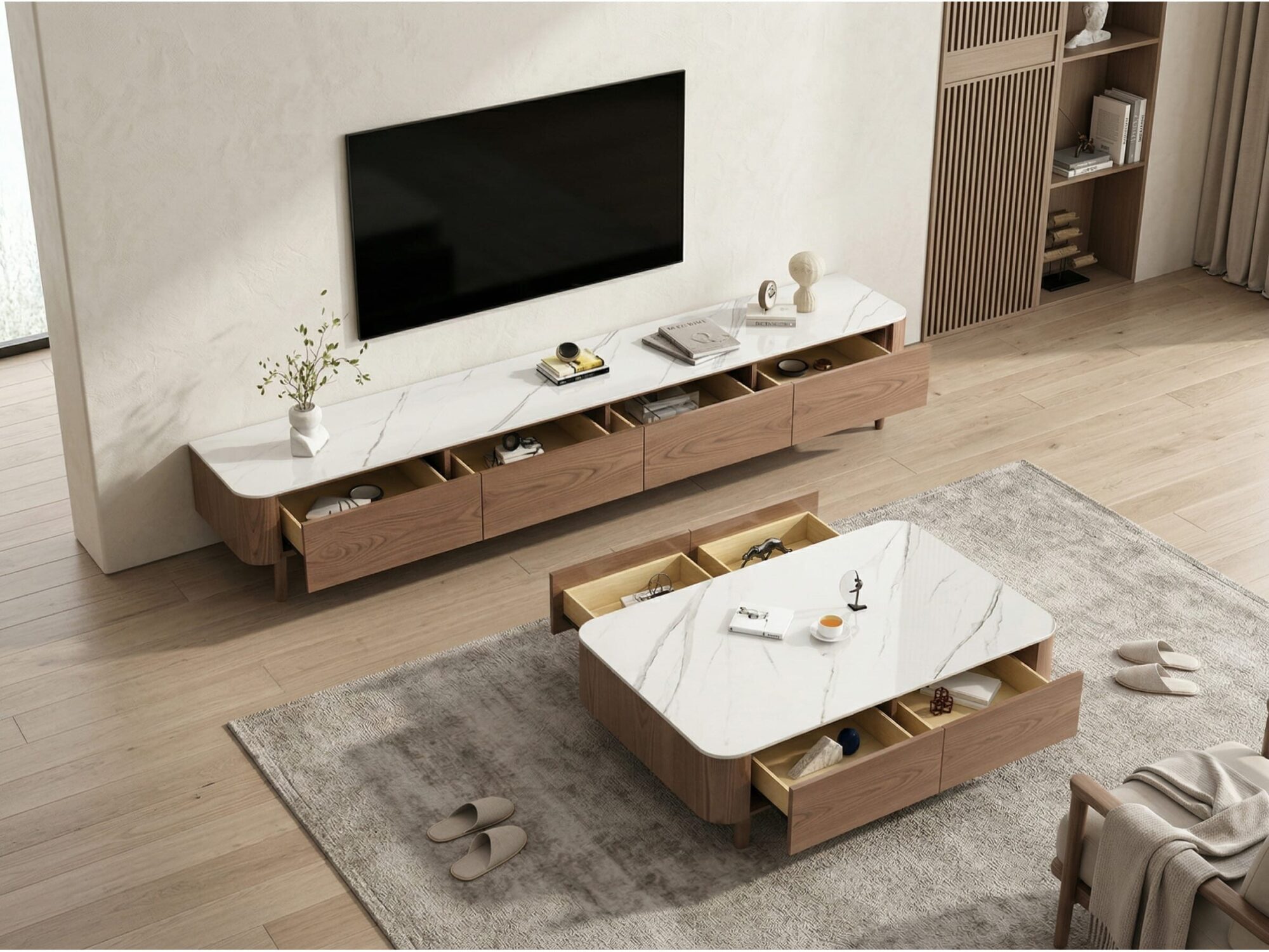 modern-wood-tv-stand-with-marble-top-and-storage-drawers-6 Modern Wood Tv Stand With Marble Top And Storage Drawers 6