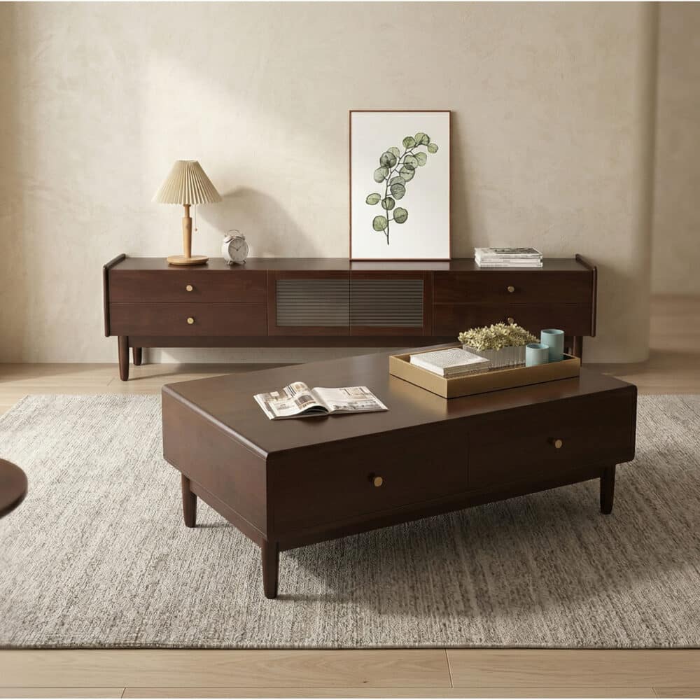 Nut-Brown Oak Medium Wood Tone TV Stand with Storage - scene - 商品主图 Nut-Brown Oak Medium Wood Tone TV Stand with Storage 商品主图 scene