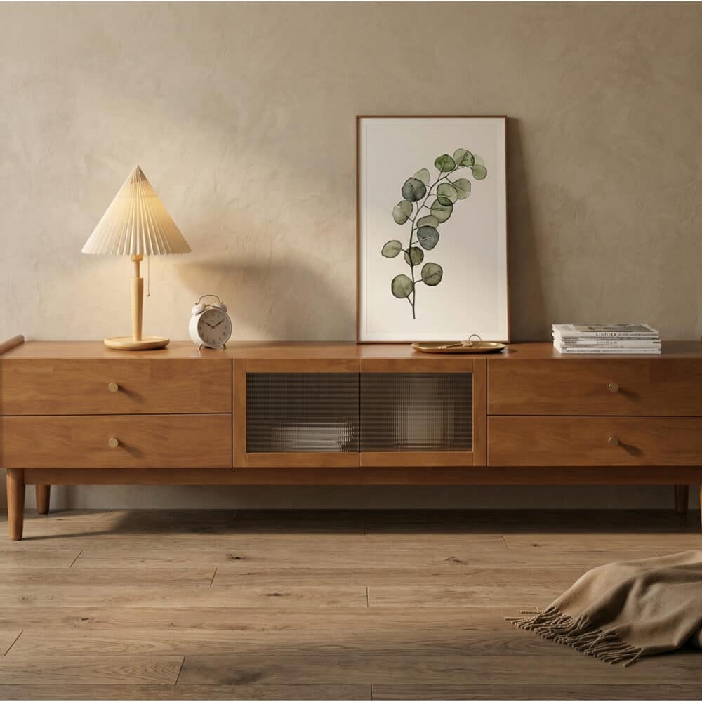 Nut-Brown Oak Medium Wood Tone TV Stand with Storage - scene - 相册图 #1 Nut-Brown Oak Medium Wood Tone TV Stand with Storage 相册图 #1 scene