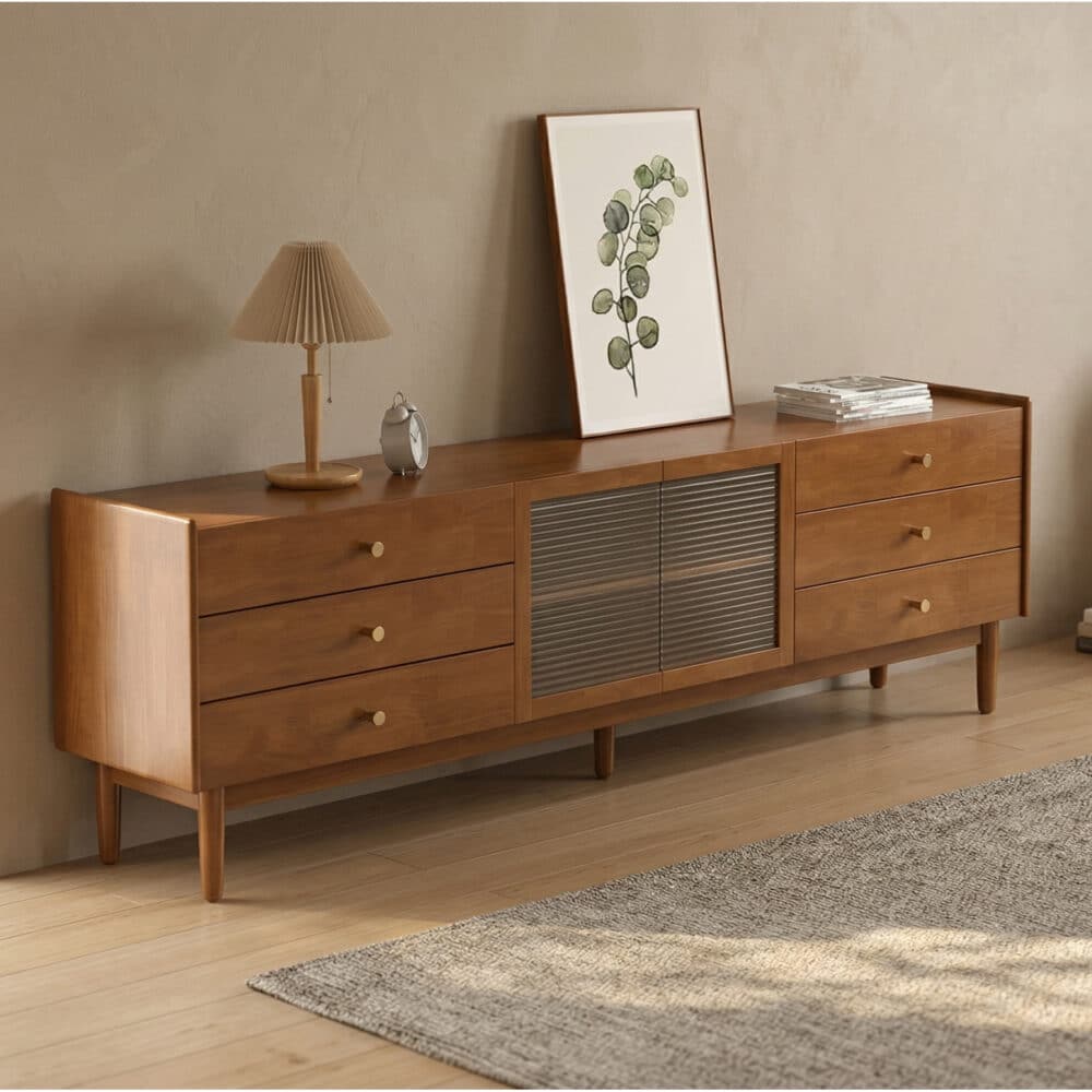 Nut-Brown Oak Medium Wood Tone TV Stand with Storage - scene - 相册图 #2 Nut-Brown Oak Medium Wood Tone TV Stand with Storage 相册图 #2 scene