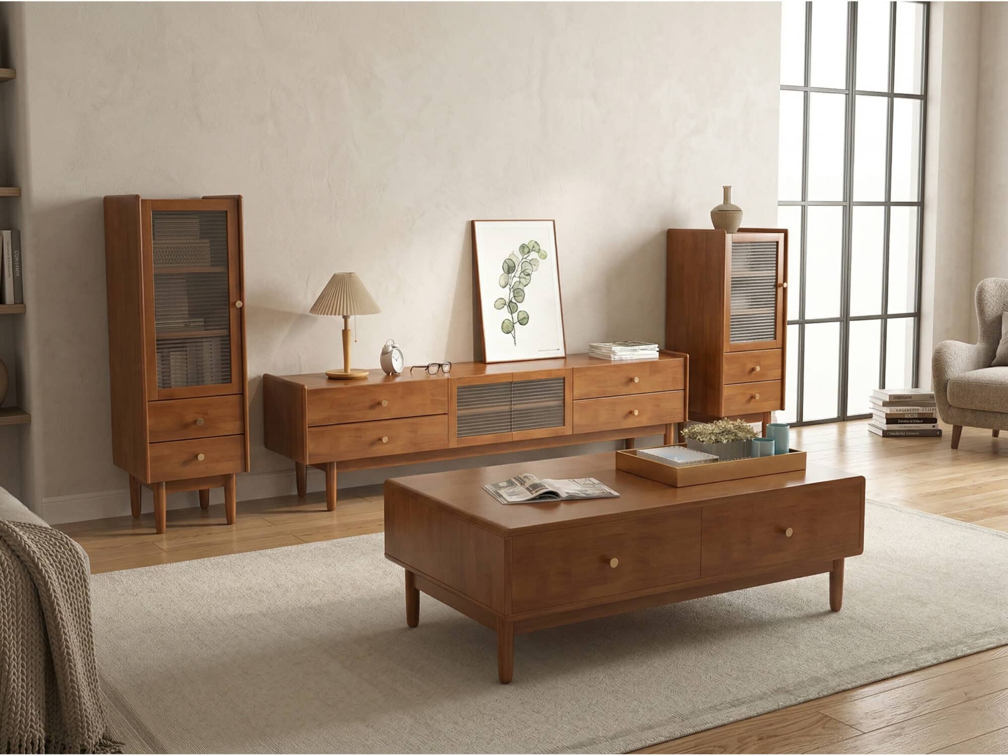 Nut-Brown Oak Medium Wood Tone TV Stand with Storage - scene - 相册图 #3 Nut-Brown Oak Medium Wood Tone TV Stand with Storage 相册图 #3 scene