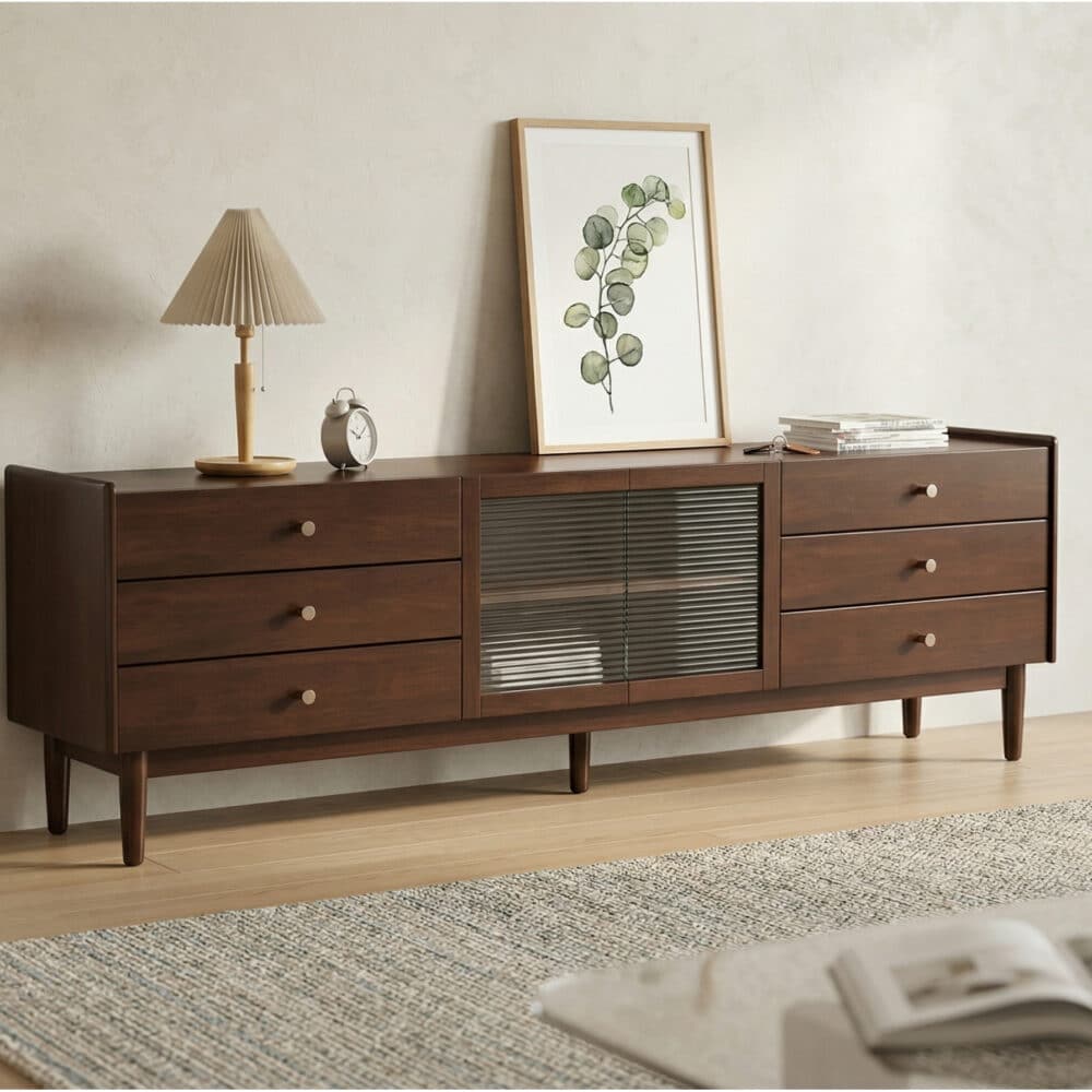 Nut-Brown Oak Medium Wood Tone TV Stand with Storage - scene - 相册图 #4 Nut-Brown Oak Medium Wood Tone TV Stand with Storage 相册图 #4 scene