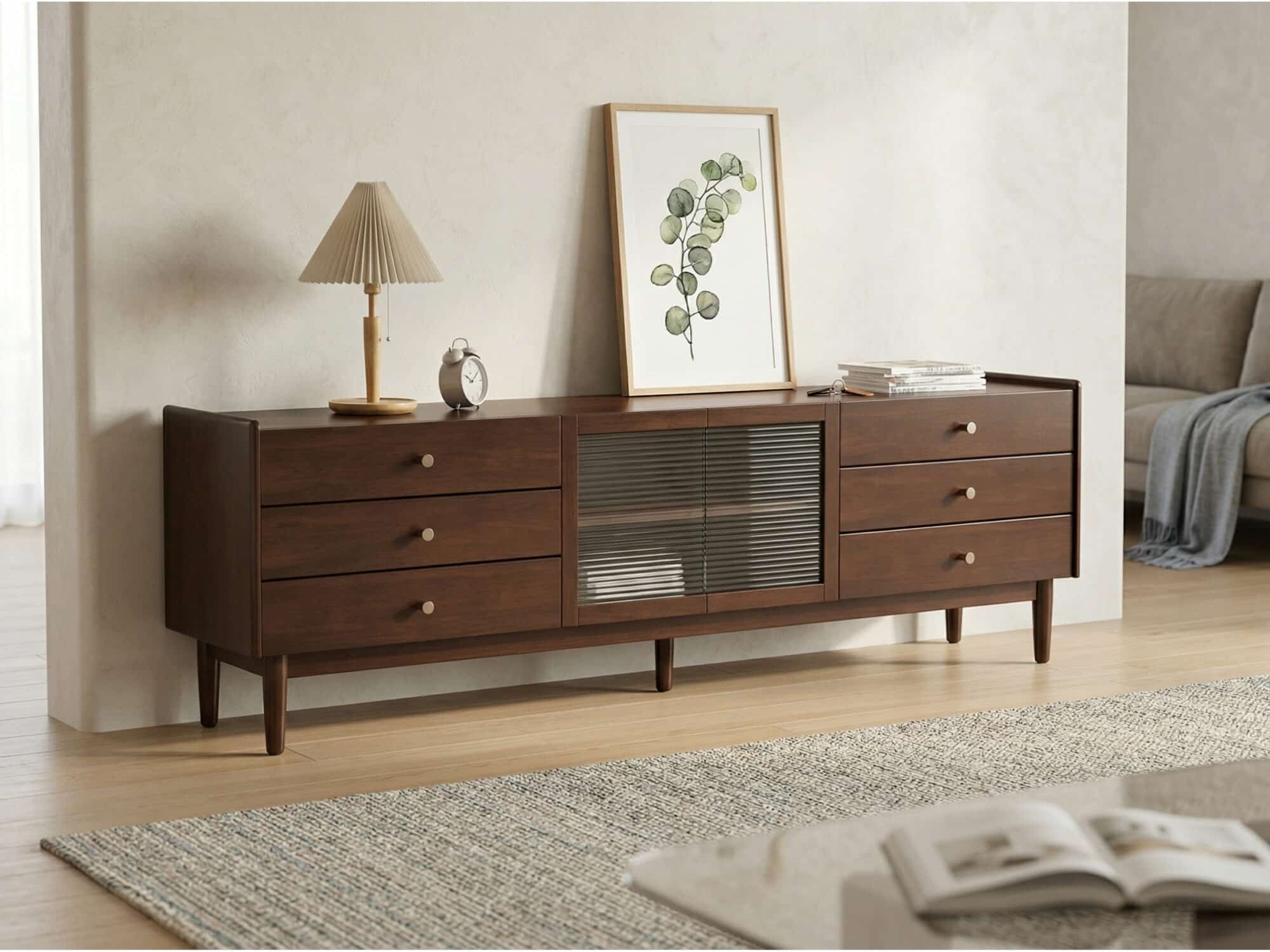 Nut-Brown Oak Medium Wood Tone TV Stand with Storage - scene - 相册图 #4 Nut-Brown Oak Medium Wood Tone TV Stand with Storage 相册图 #4 scene