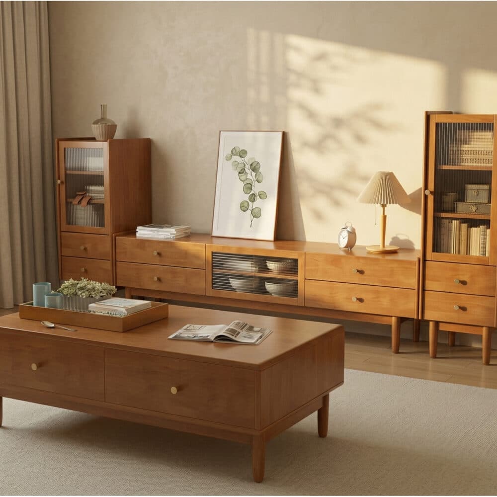 Nut-Brown Oak Medium Wood Tone TV Stand with Storage - scene - 相册图 #5 Nut-Brown Oak Medium Wood Tone TV Stand with Storage 相册图 #5 scene