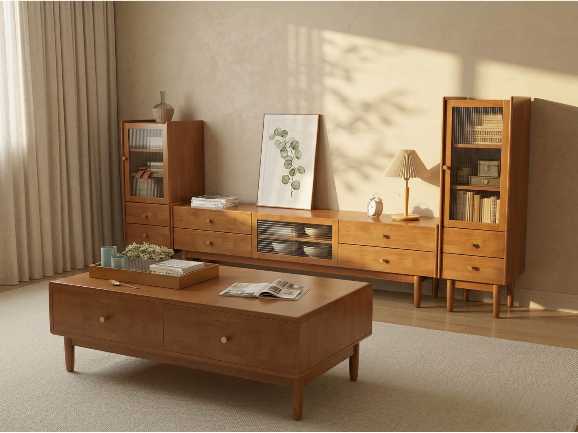 Nut-Brown Oak Medium Wood Tone TV Stand with Storage - scene - 相册图 #5 Nut-Brown Oak Medium Wood Tone TV Stand with Storage 相册图 #5 scene