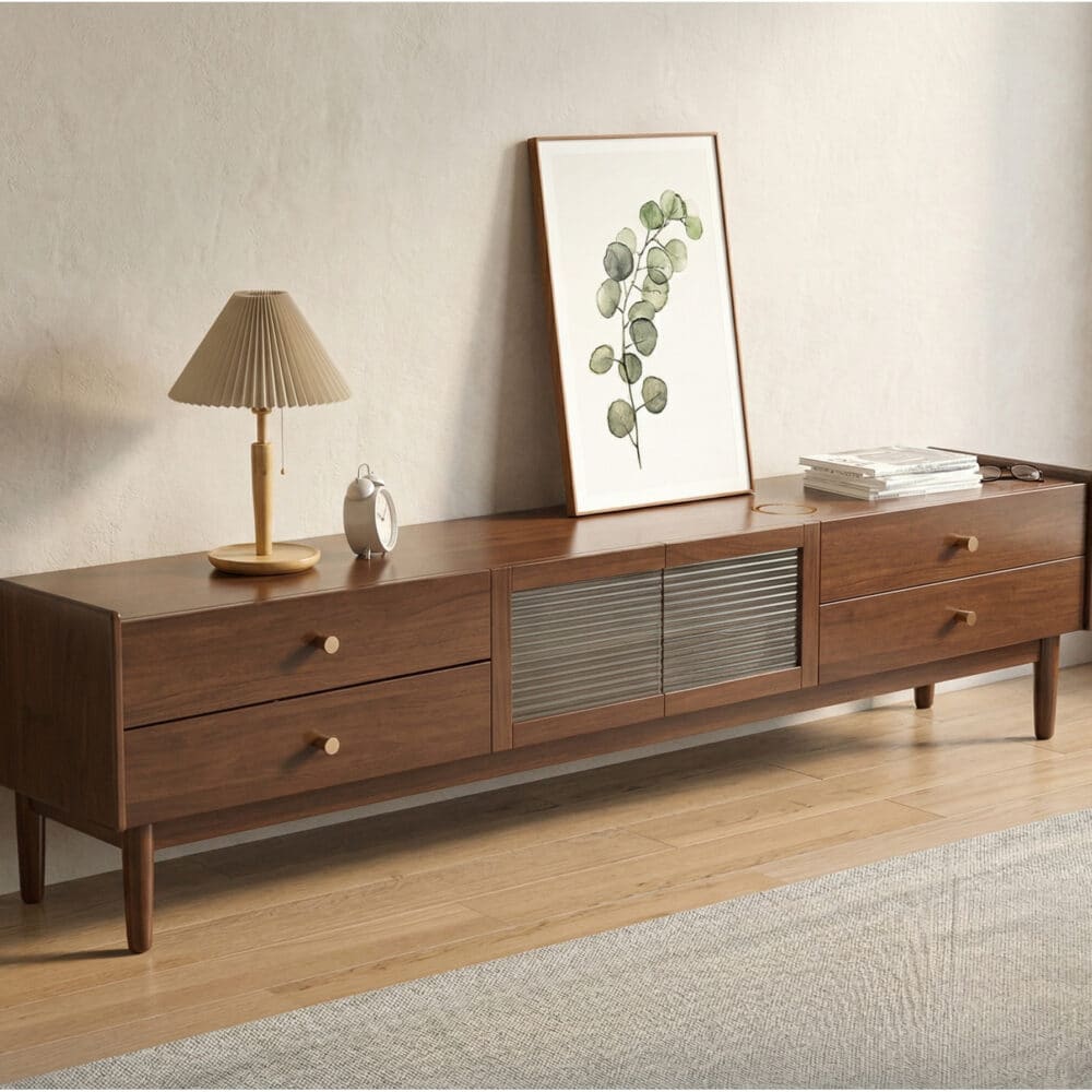 Nut-Brown Oak Medium Wood Tone TV Stand with Storage - scene - 相册图 #6 Nut-Brown Oak Medium Wood Tone TV Stand with Storage 相册图 #6 scene