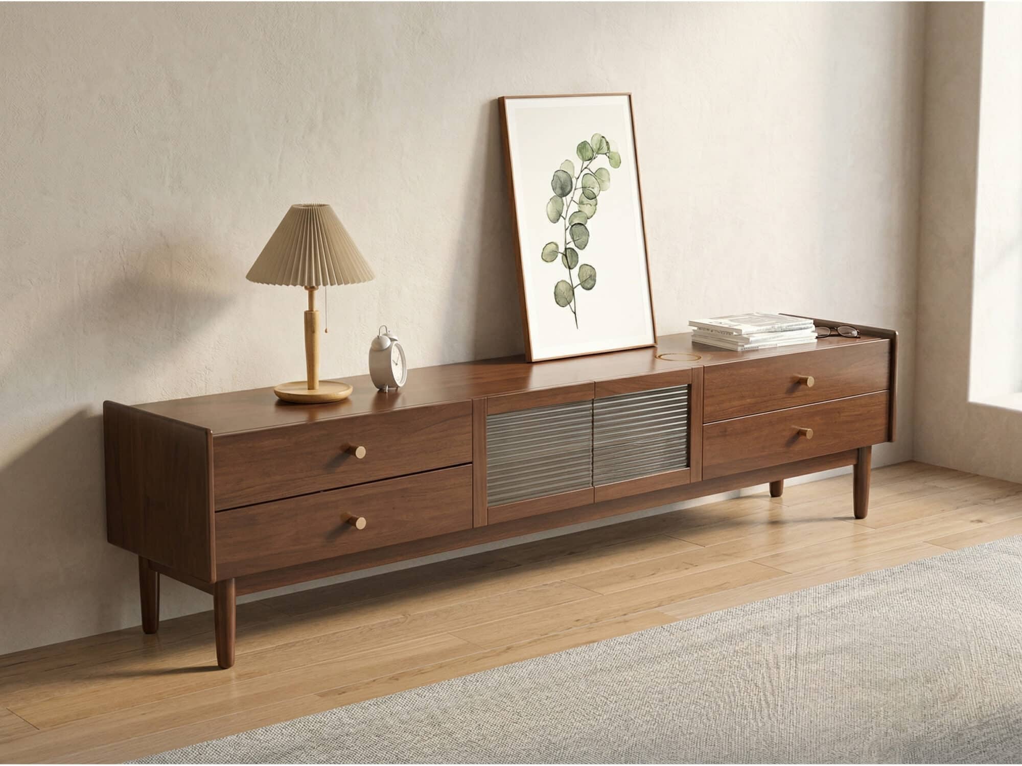 Nut-Brown Oak Medium Wood Tone TV Stand with Storage - scene - 相册图 #6 Nut-Brown Oak Medium Wood Tone TV Stand with Storage 相册图 #6 scene