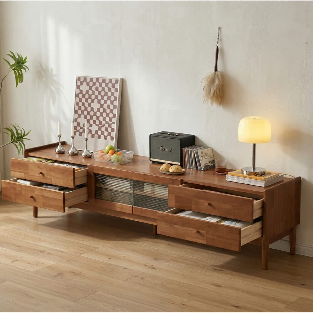 Nut-Brown Oak Medium Wood Tone TV Stand with Storage - scene - 相册图 #7 Nut-Brown Oak Medium Wood Tone TV Stand with Storage 相册图 #7 scene